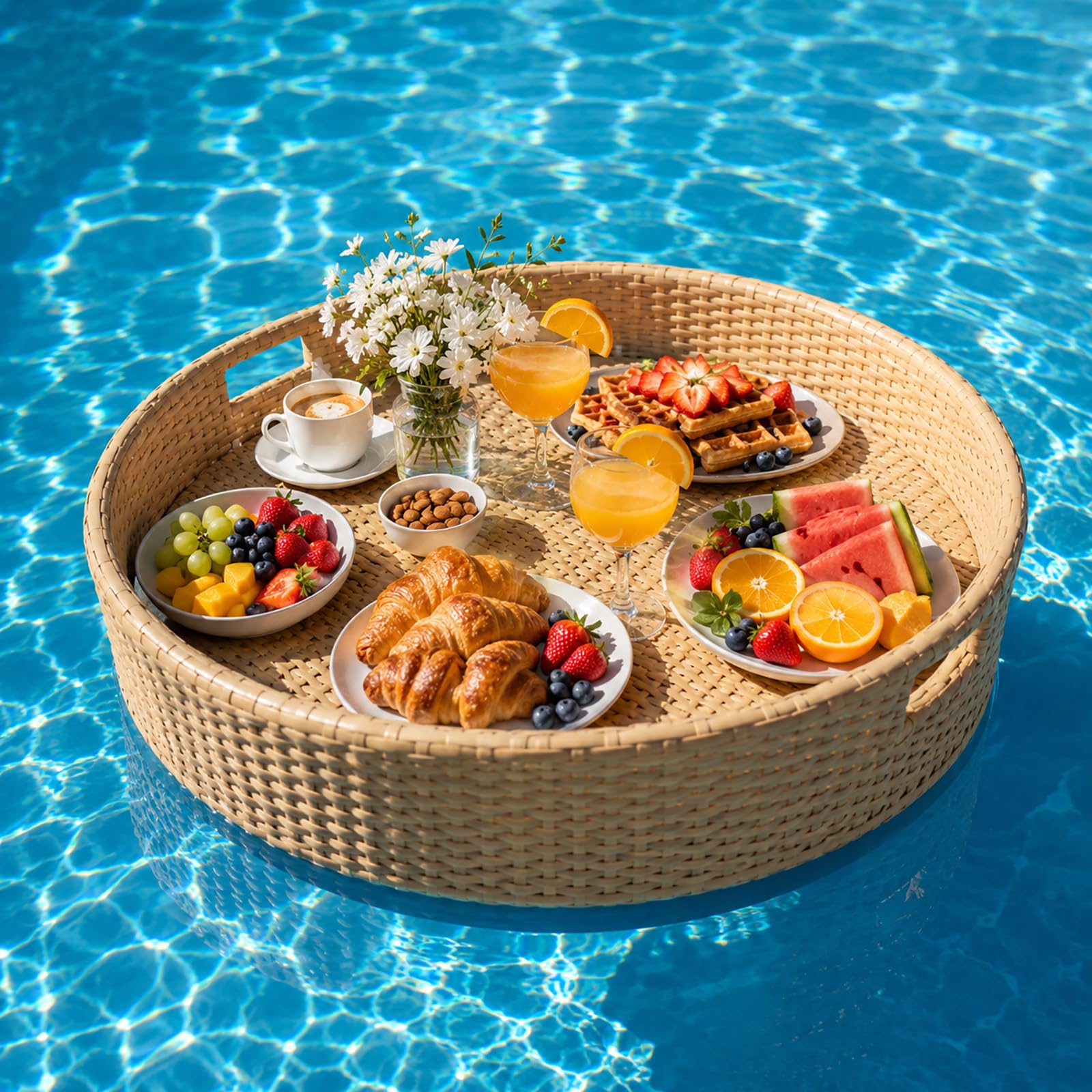 Schwimmendes Pooltablett aus Rattan, Große Floating Pool Bar für Getränke Snacks und Brunch, Pool Tablett für Whirlpool Spa Gartenparty und Sommer Entspannung