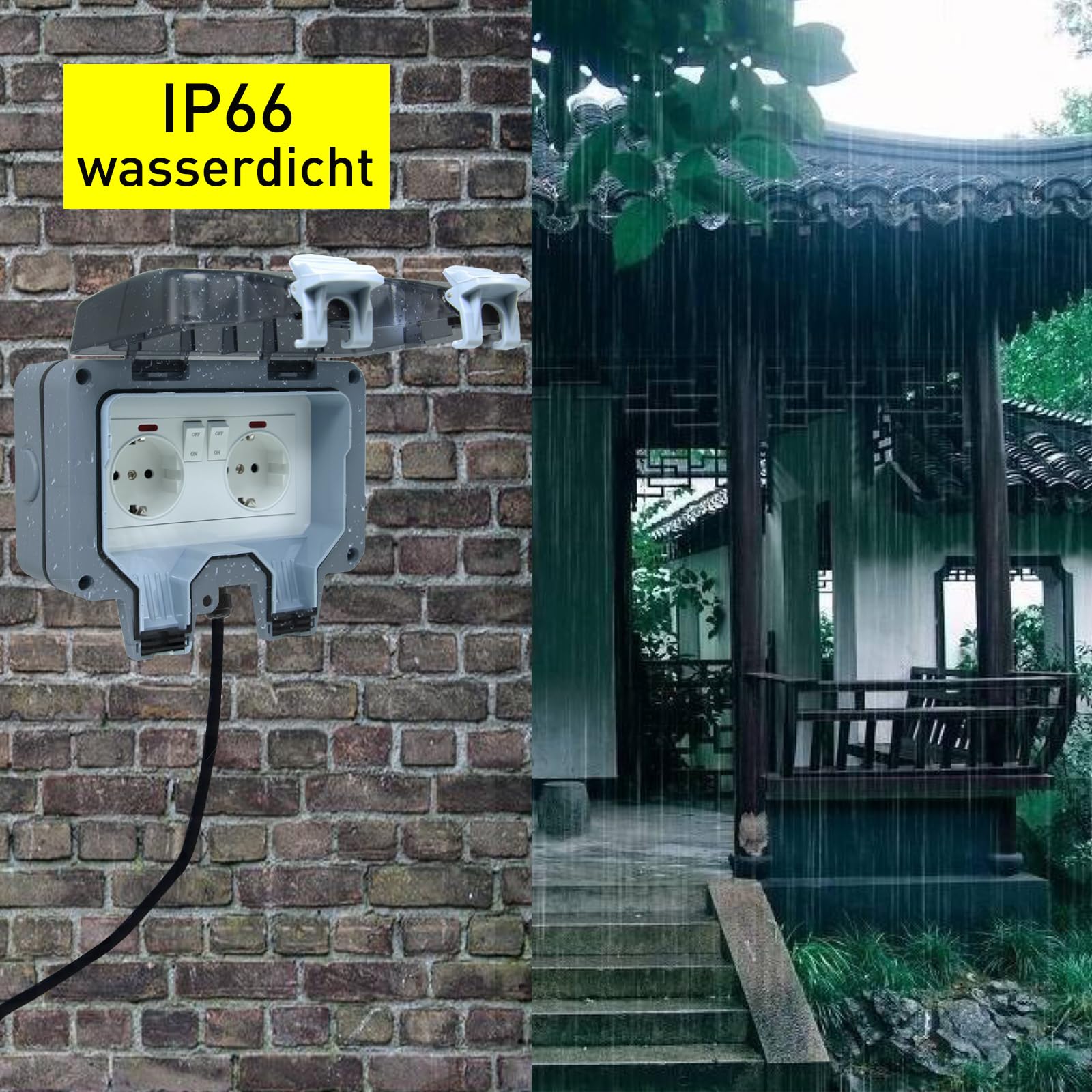 Enchufe exterior resistente al agua IP66, 1 compartimento con interruptor, luz de control, enchufe de pared, para ambientes húmedos, protección de contacto, enchufe de jardín, resistente al polvo
