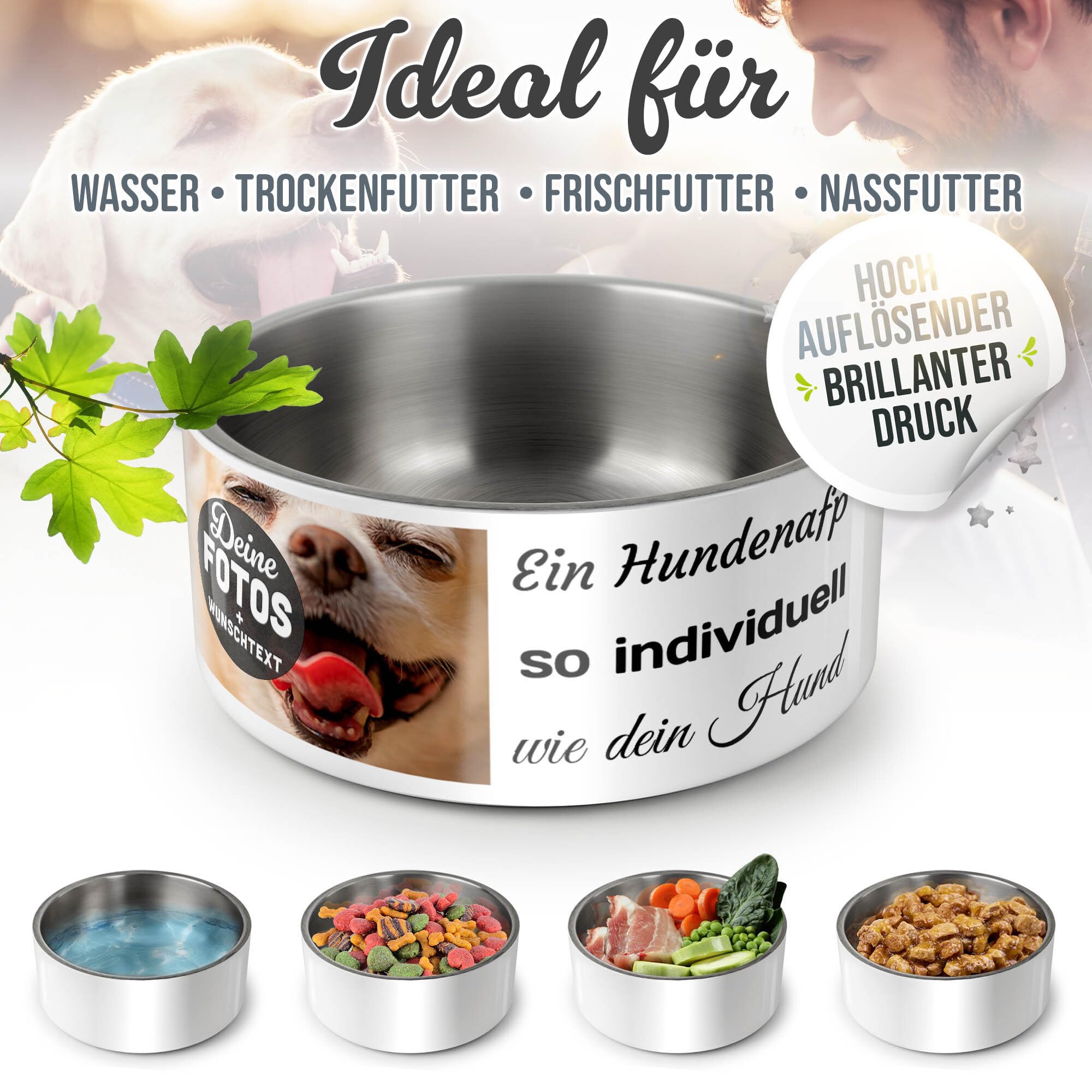 PR Print Royal Hundenapf personalisiert zum selbst gestalten mit Foto-Collage für 2 Fotos & Text - Wassernapf, Fressnapf Hund - Geschenke für Hundebesitzer | Edelstahl, rutschfest 1500 ml