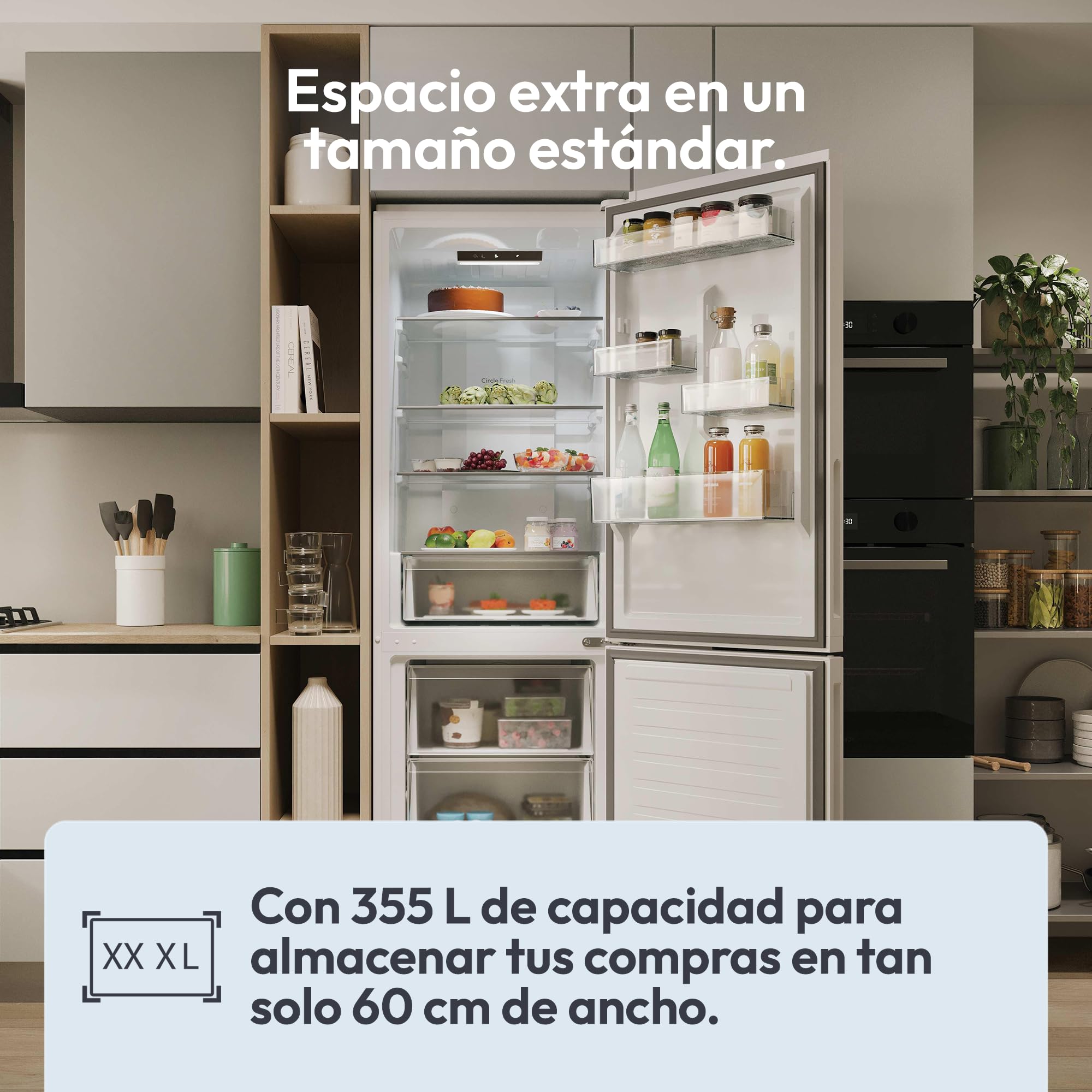Candy Fresco 300 CNCQ2T618CW, Frigorífico Combi, Capacidad 355L, Total No Frost Circle+, Cajón Verdulero, Control Electrónico de temperatura, 60x185cm, Iluminación LED, Puerta Reversible, 38DB, Blanco