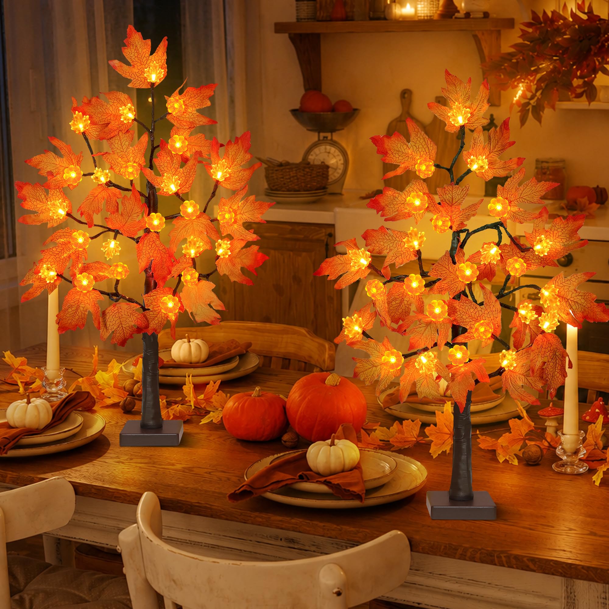 [Timer] Confezione da 2 decorazioni autunnali per albero di acero autunnale del Ringraziamento con 48 luci a LED, albero autunnale da 61 cm con acero di zucca illuminato, decorazioni per la tavola