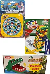 Kit 3 Brinquedos Infantis – Pesca + Torre Maluca + Crocodilo Dentista – Brinquedo para Crianças Acima de 5 Anos - Presente Interativo, Estimulante e Divertido. Presente Infantil Criativo