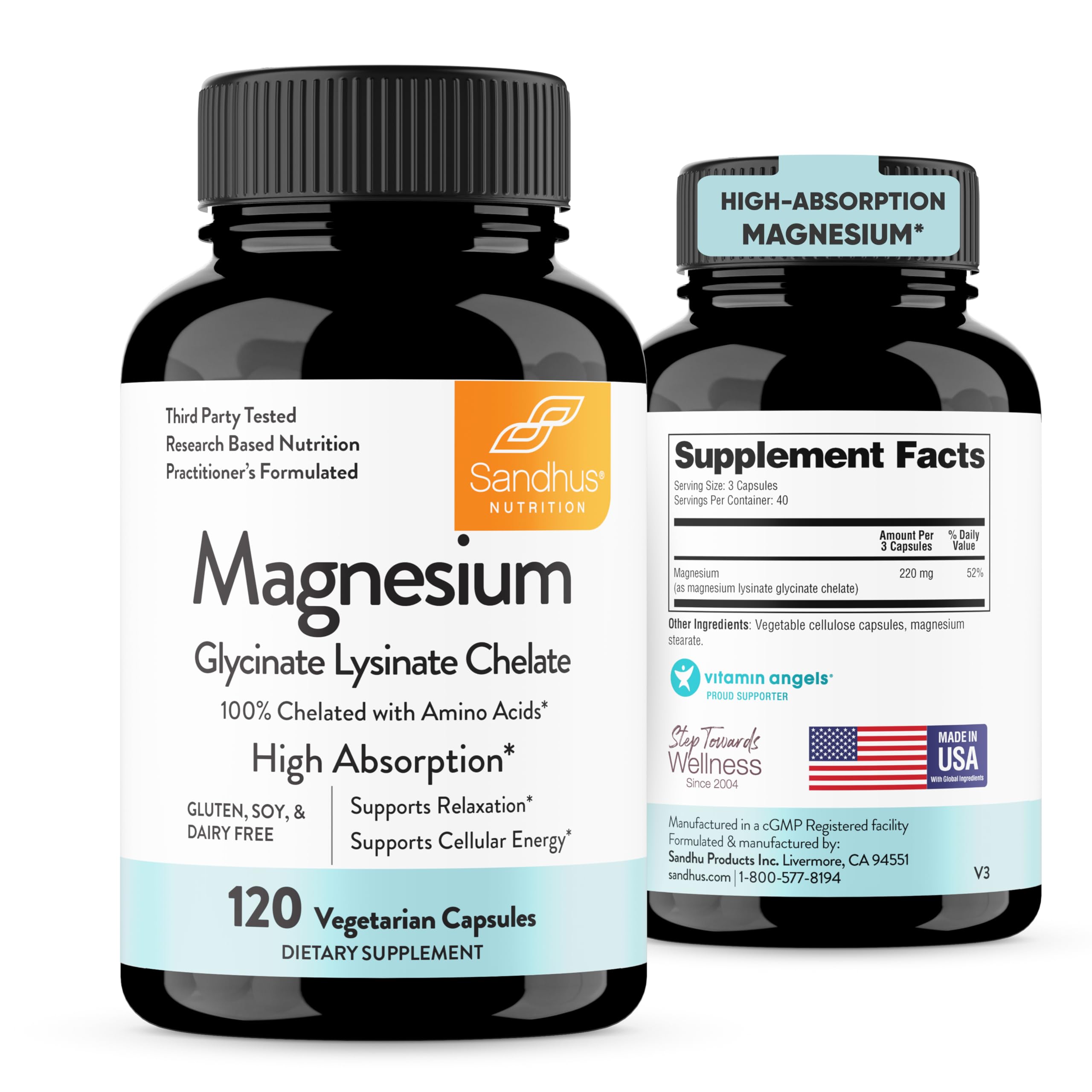 Sandhu's Magnesium Glycinate Lysinate | 120 Easy to Swallow Chelated Vegan Capsules | Magnesium Lysine Chelate Supplement for High Absorption | for Best Sleep, Leg Cramps, Relaxation