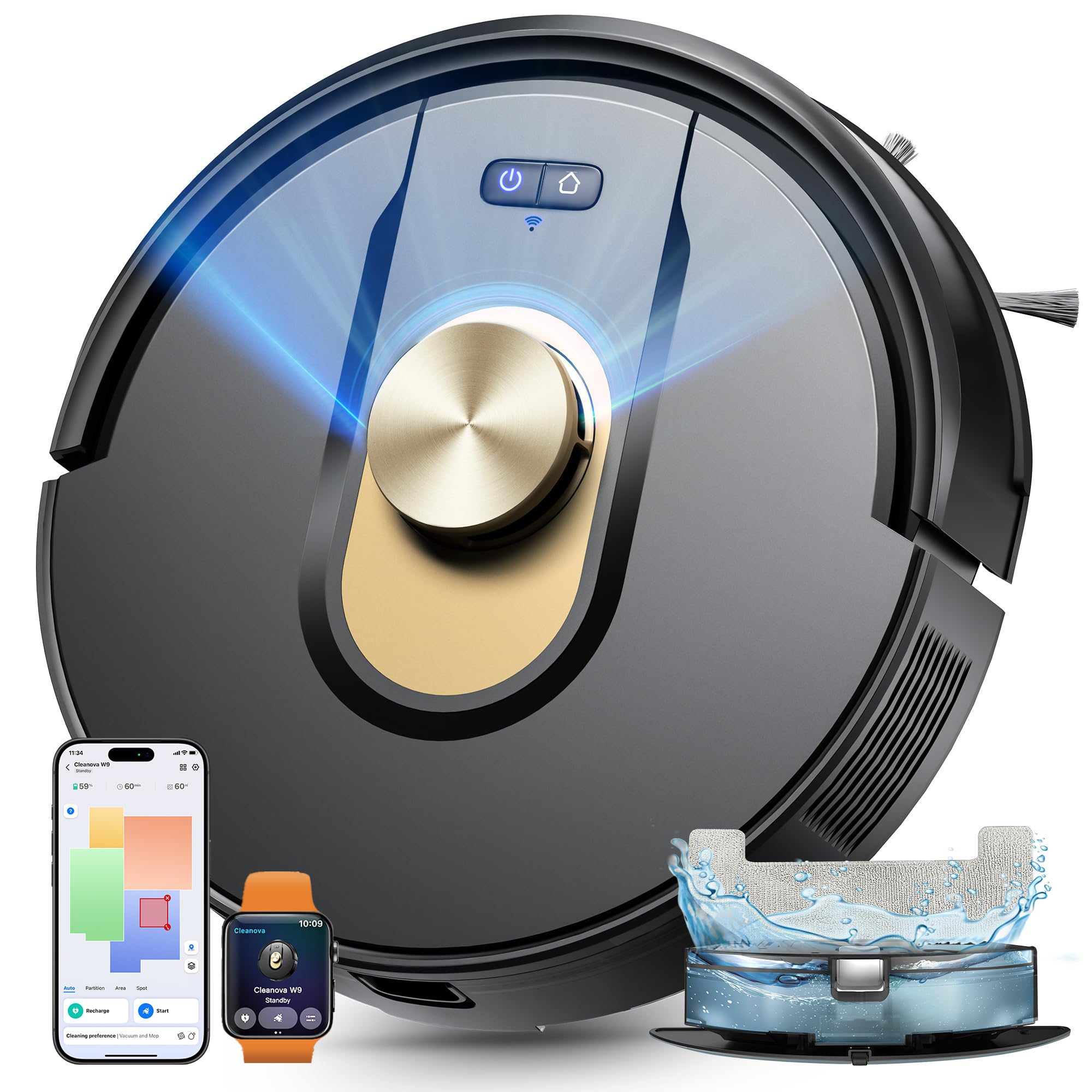 Vexilar Cleanova W9 Robot Aspirateur Laveur, 8000Pa/150Min Aspirateur Robot, Navigation LiDAR avec Cartographie, Zones Virtuelles, Alexa/APP/WiFi, Idéal pour Sols Durs,Tapis et Poils d’Animaux
