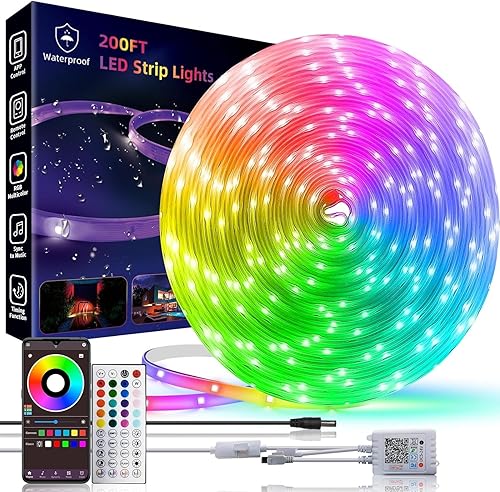 Tira de luces LED para exteriores de 200 pies, impermeable, tira de luces LED recortables con sincronización de música, RGB IP65 impermeable para