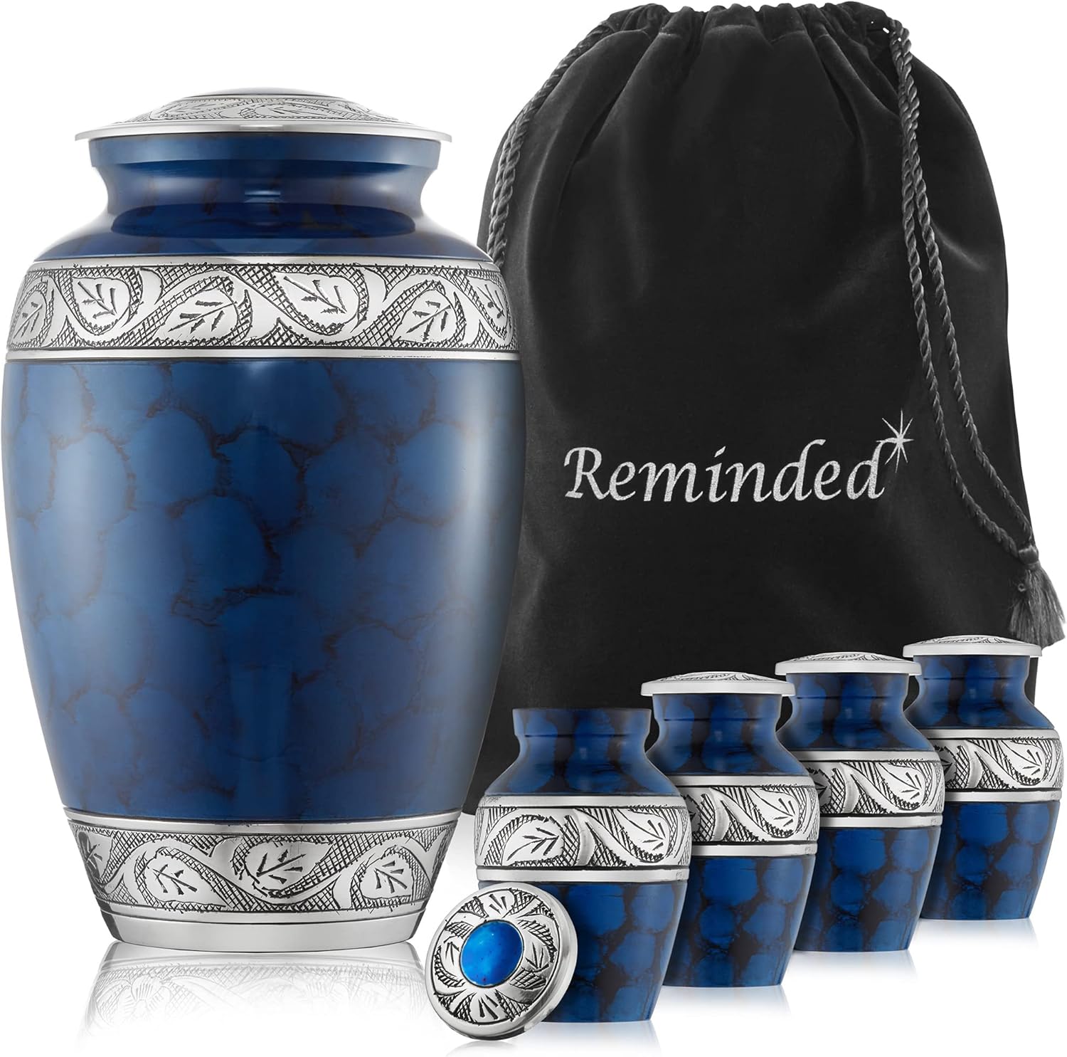 Reminded Set of 5 Etched Cremation Urns for Human Ashes - 1 Brass Adult + 4 Keepsake Token Size, Blue