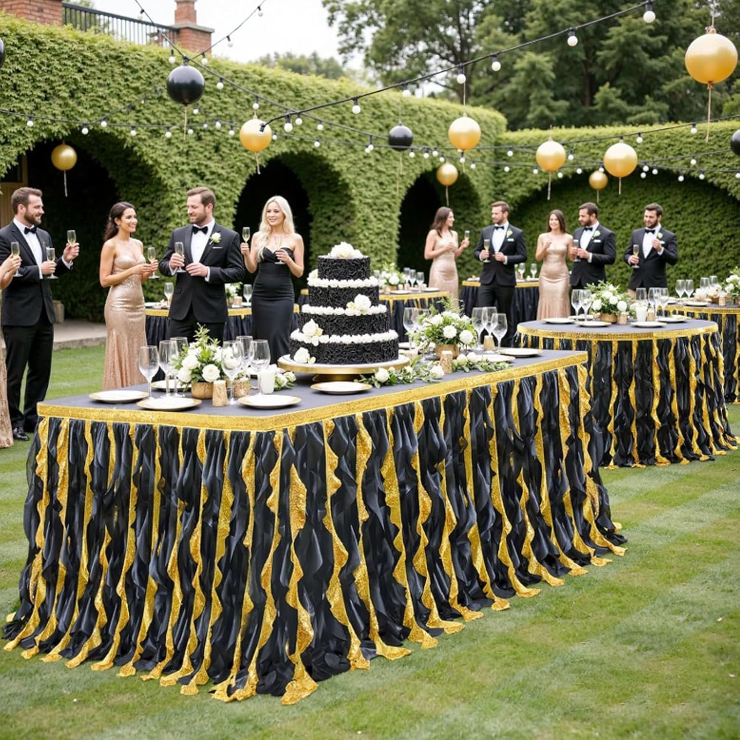 14 Ft Black Gold Sequin Table Skirt for Rectangle Tables, Ruffle Curly Willow Table Skirts,Tulle Desk Skirt for Party, Banquet, Wedding, Prom(Black,4.27 m/168 in)