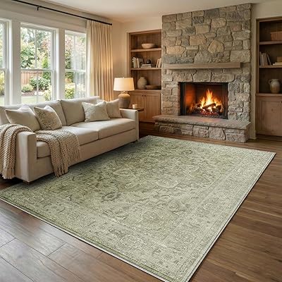 Homemate Washable Rug 5x7 Area Rugs - Vintage Faux Wool Rugs for Living Room Bedroom Dining Room - Non Slip Foldable Carpet Indoor Area Rug for Home Decor（5'x7', Green