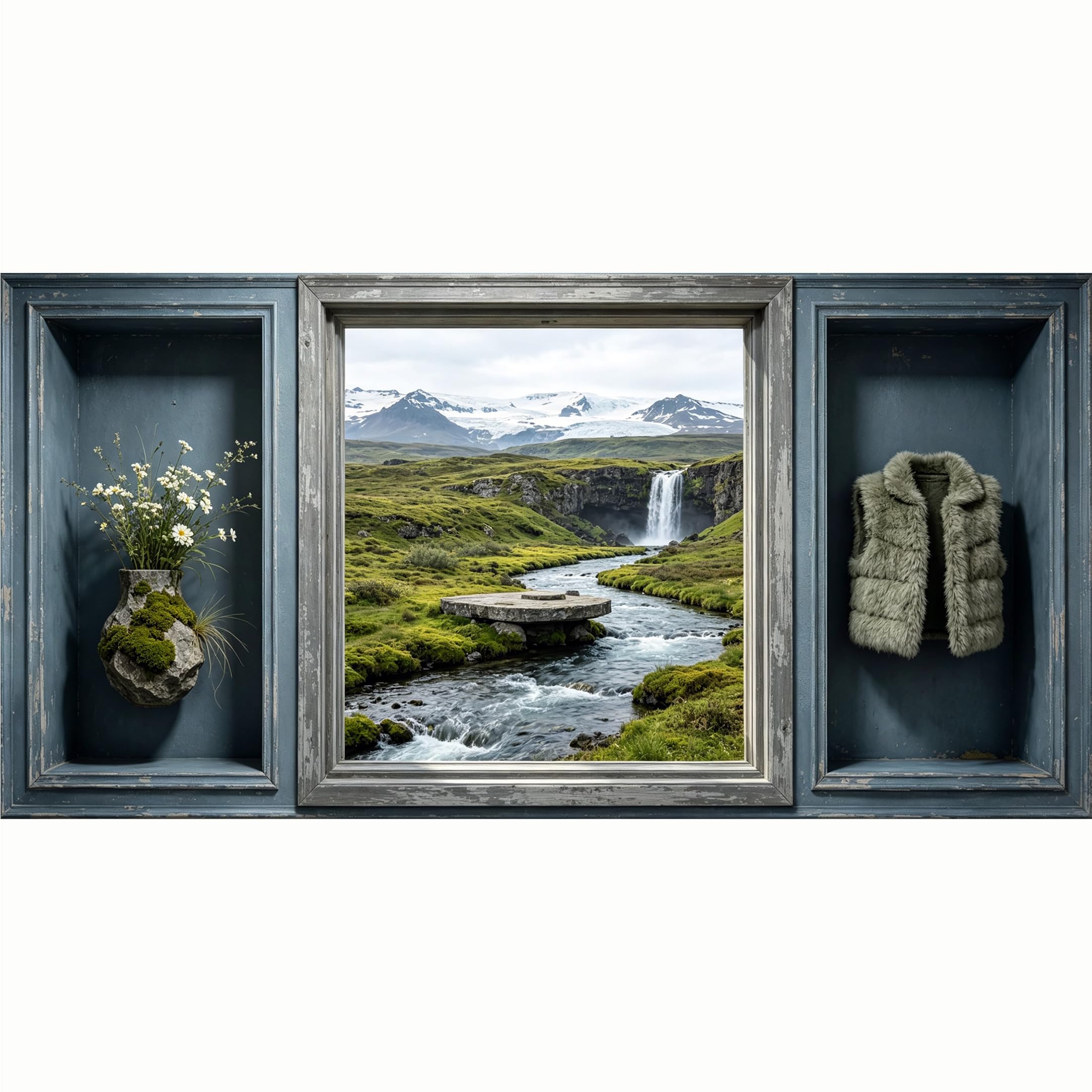 QZLITHOTIC 50x100cm 3D Framed Wall Art， Icelandic Waterfall Landscape Mountain River Scenic Self‑Adhesive Mural， Water‑Activated Peel & Stick Fabric Decor Wall Decal for Bedroom Living Room