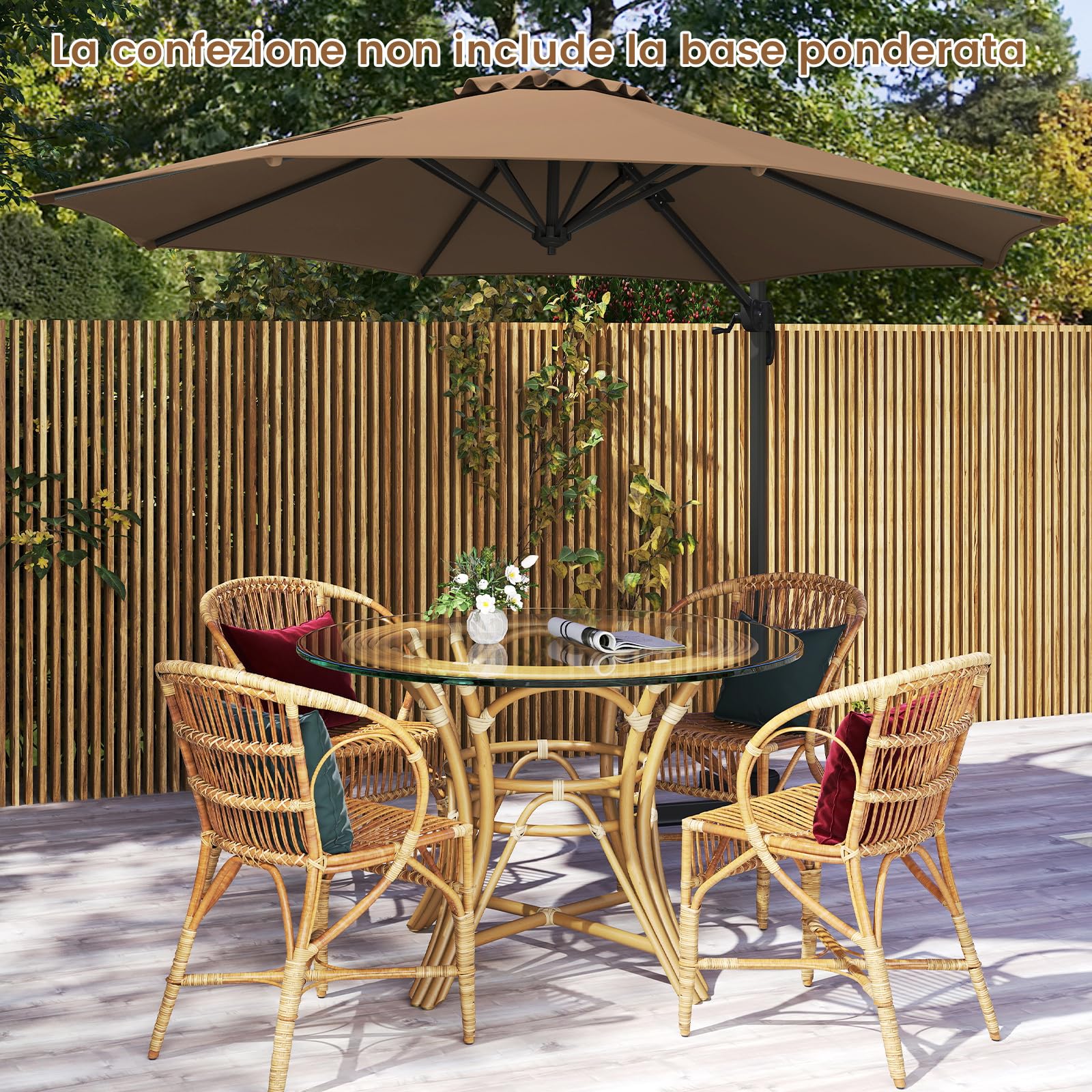 COSTWAY Ombrellone a Cantilever da Giardino 294 cm, Rotazione 360° e 5 Angoli Regolabili, 8 Stecche Base a Croce, Impermeabile, per Cortile Piscina Esterno (Marrone)
