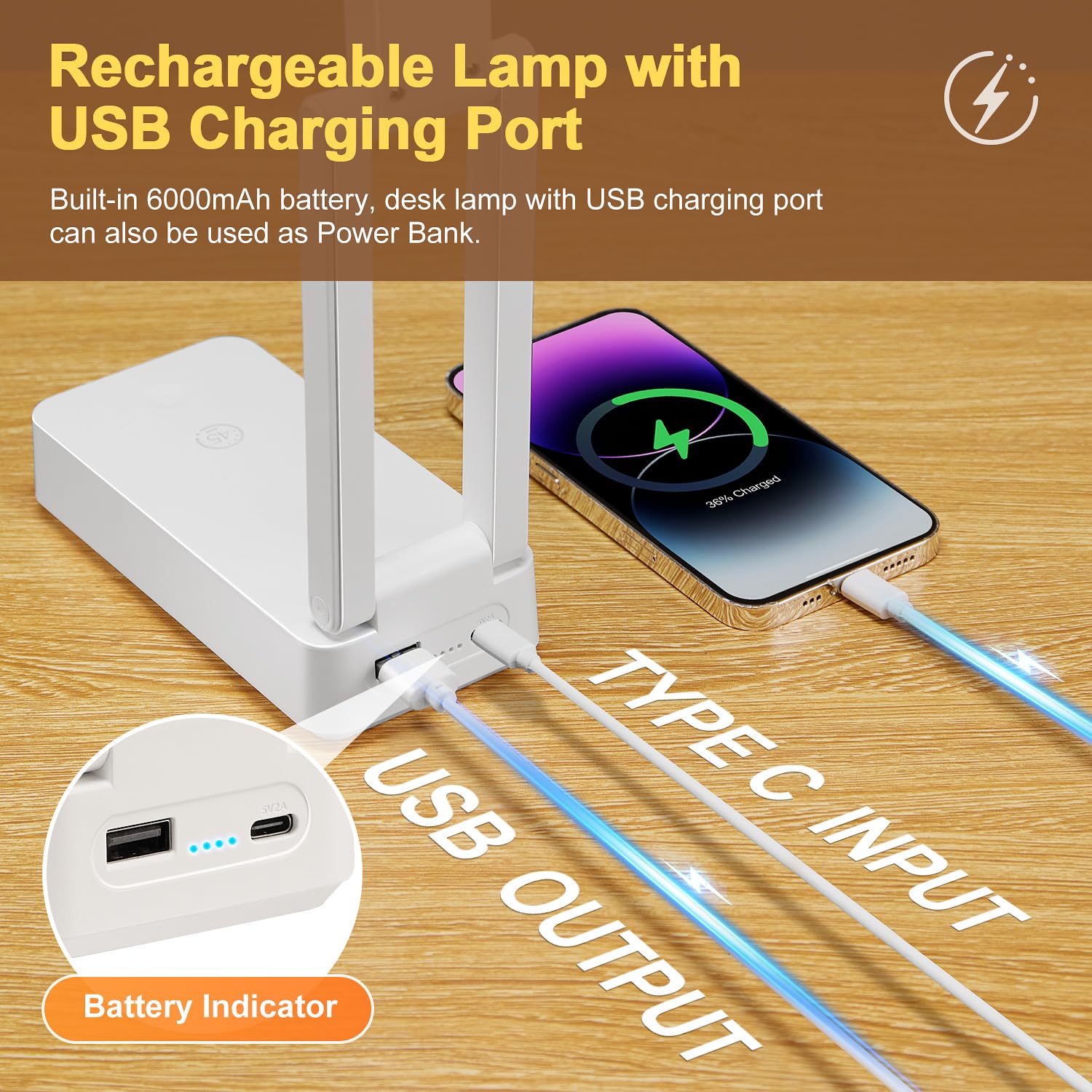 OneFire Lampe de Bureau Sans Fil 6000mAh, Lampe LED Rechargeable Pliable et Portable avec 3 Températures & 10 Niveaux, Minuterie 45min pour Chevet et Lecture, Lampe de Chevet, Lampe de Lecture, Blanc