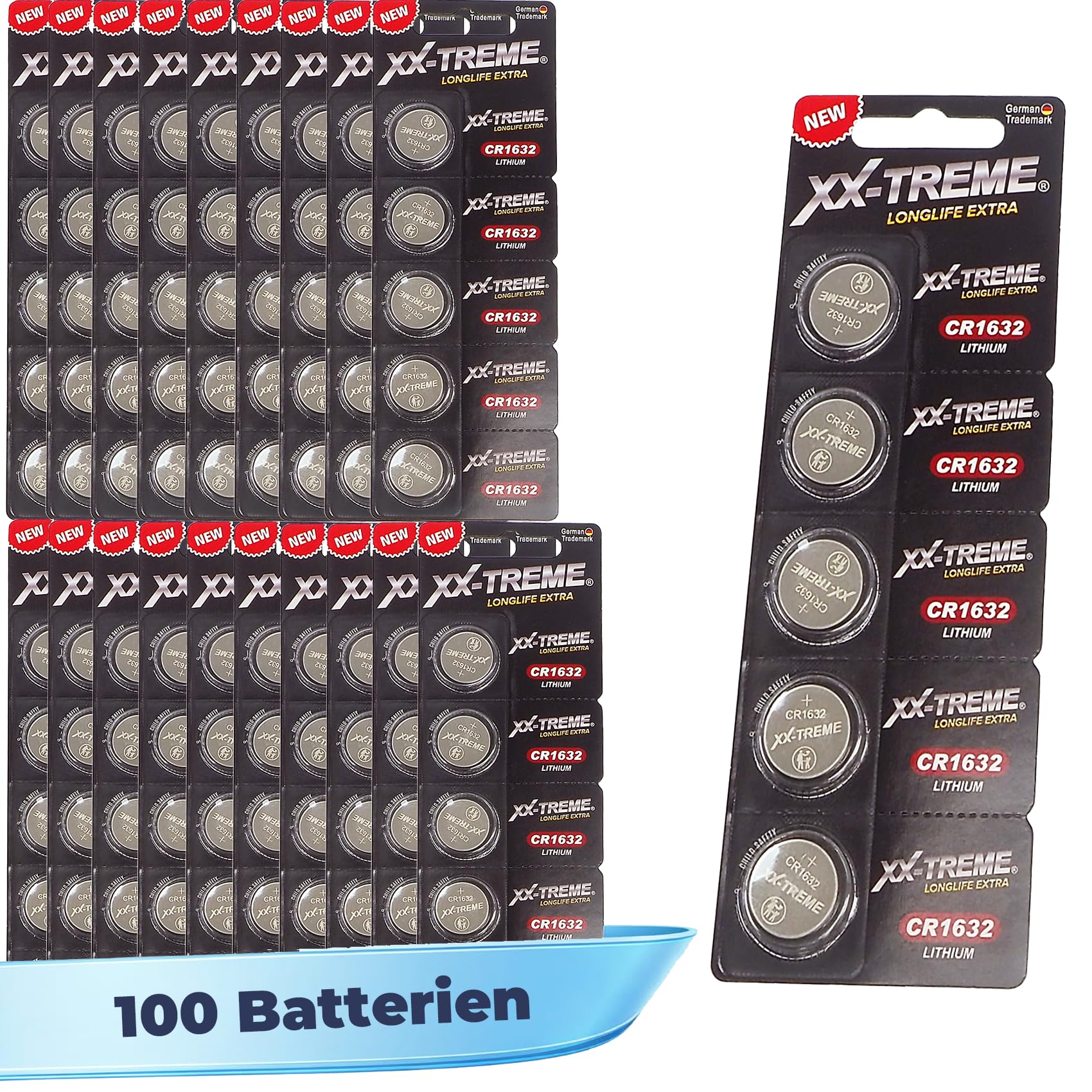 XX-TREME CR1632 Batterie 3V Lithium Knopfzelle – 100 Stück – CR 1632 für Autoschlüssel, Fernbedienung, Waage, Taschenrechner
