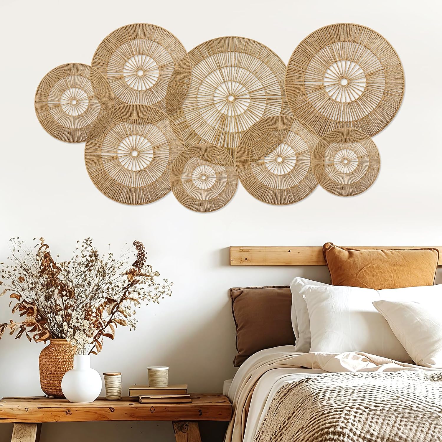 YIYA 8個セット ボーホーウォールデコレーション ジュート ウォールデコバスケット ラウンド 手織り 籐製 ラタン ウォールアー