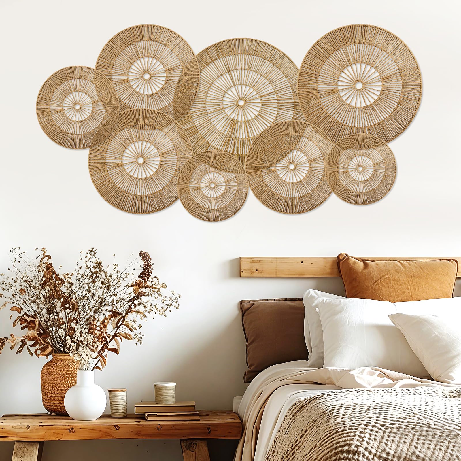 YIYA Set da 8 Decorazioni Murali Boho Cesti Murali Rotondi in Rattan Intrecciati a Mano, Arte Murale Sospesa in Rattan per Soggiorno Casa di Campagna e Camera da Letto