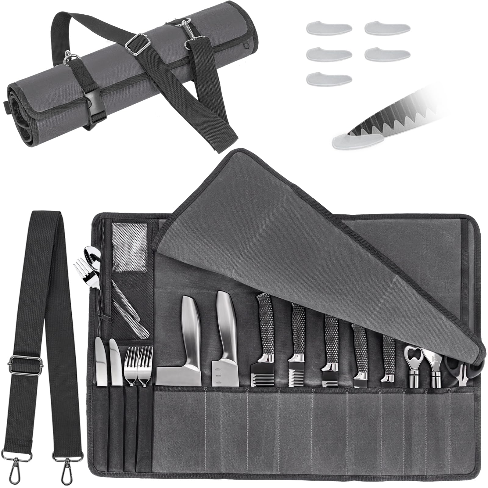 OUUTMEE Chefs Knife Roll Bag 14 Slots,Heavy Duty Waxed Canvas Knife Bag,Waterproof Knife Case with Shoulder Strap,Portable Culinary Tool Roll Carrier for Camping,Hiking Grey