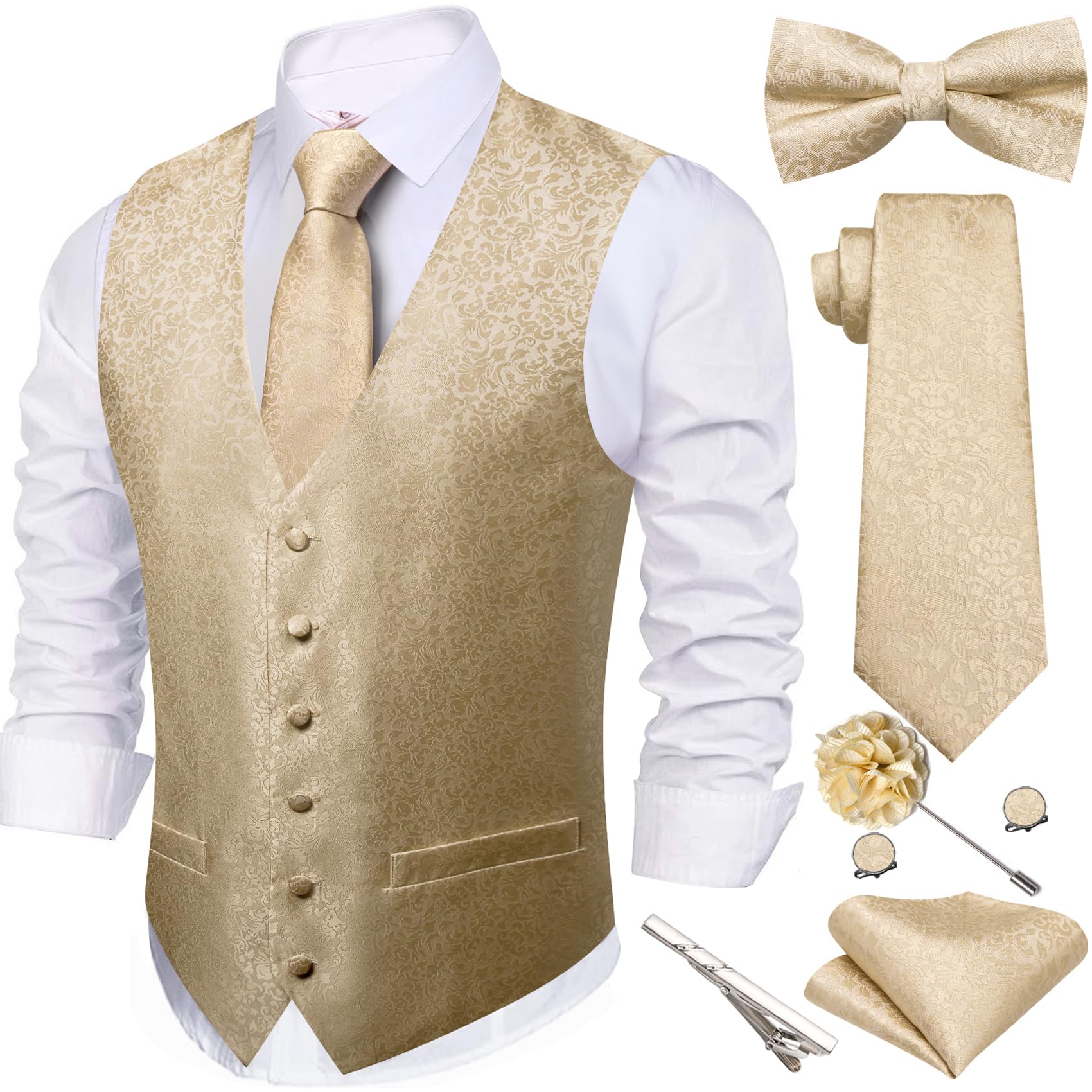 Barry Wang Mens Suit Vest Tie Bowtie Set Formal Silk Paisley Waistcoat Hanky Cufflinks Lapel Pin Set Wedding
