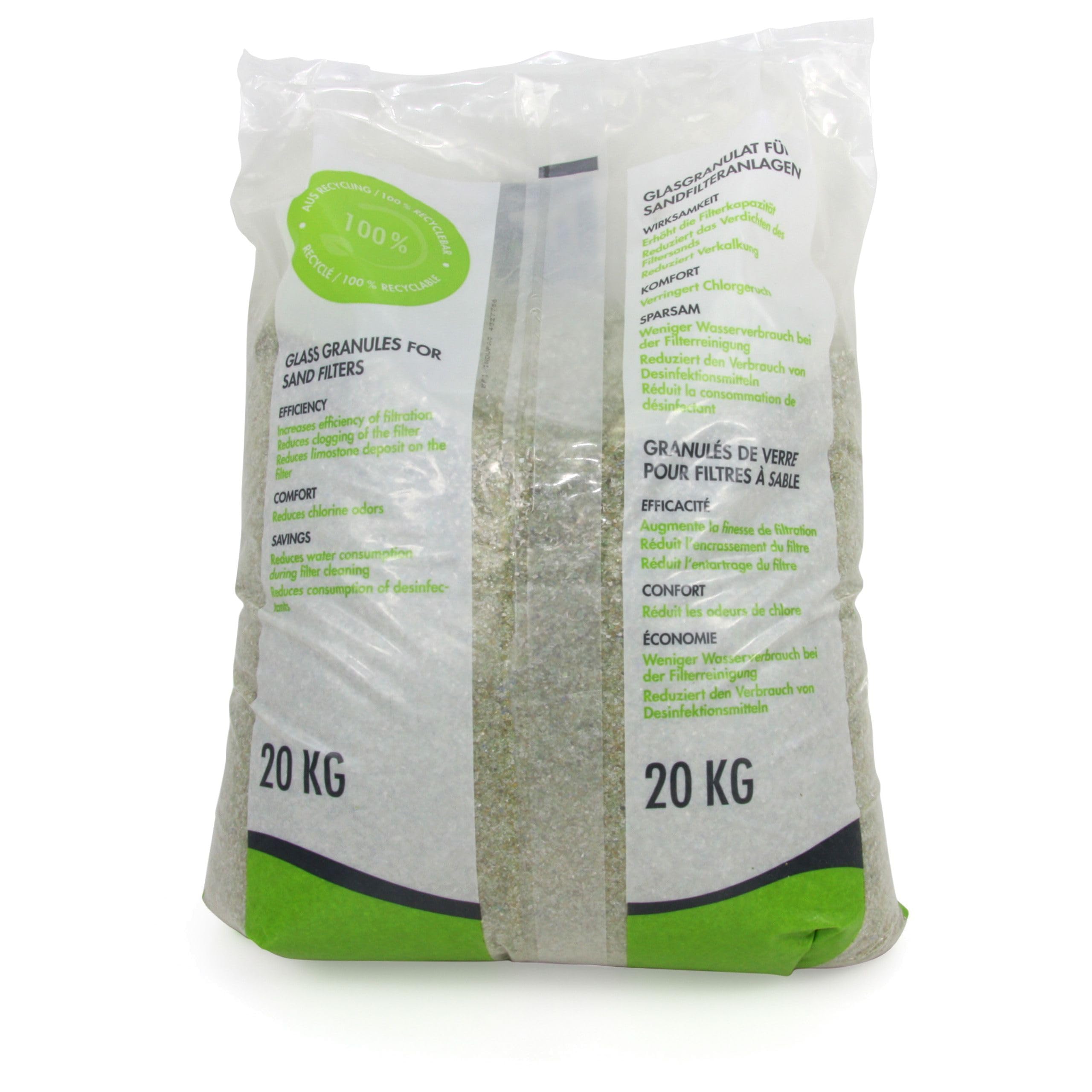 Höfer Chemie – 20 kg de Granulés de Verre Fin pour Filtre à Sable – Granulométrie 0,7-1,3 mm – Alternative Écologique au Sable de Quartz – Filtration Optimisée et Longue Durée
