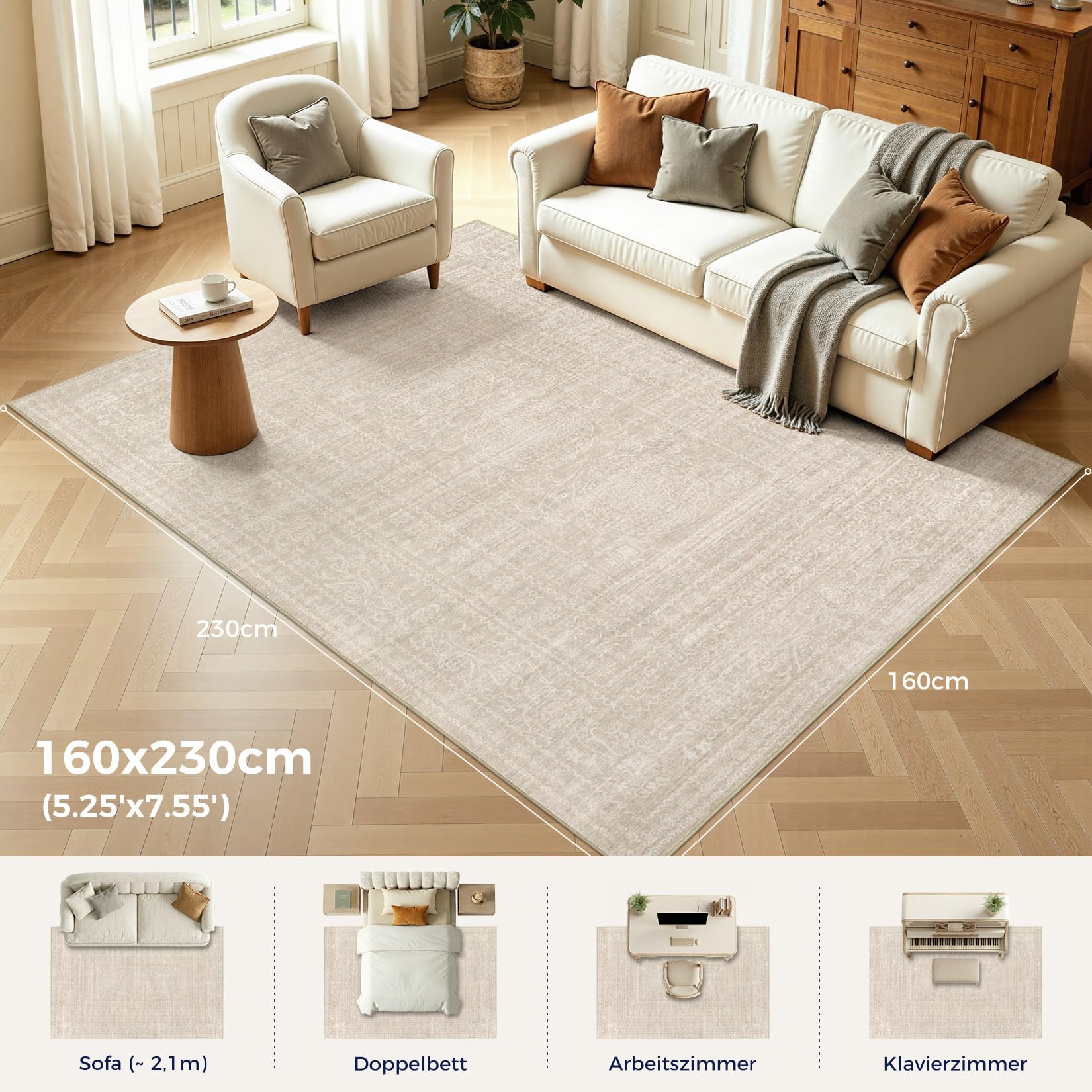 DMOYEST 160x230 Teppich Wohnzimmer Beige Vintage Waschbar | Waschbarer Kurzflor Teppiche mit Rutschfester, Weich und Dünn, für Schlafzimmer Esszimmer Büro, Kind und Haustierfreundlich