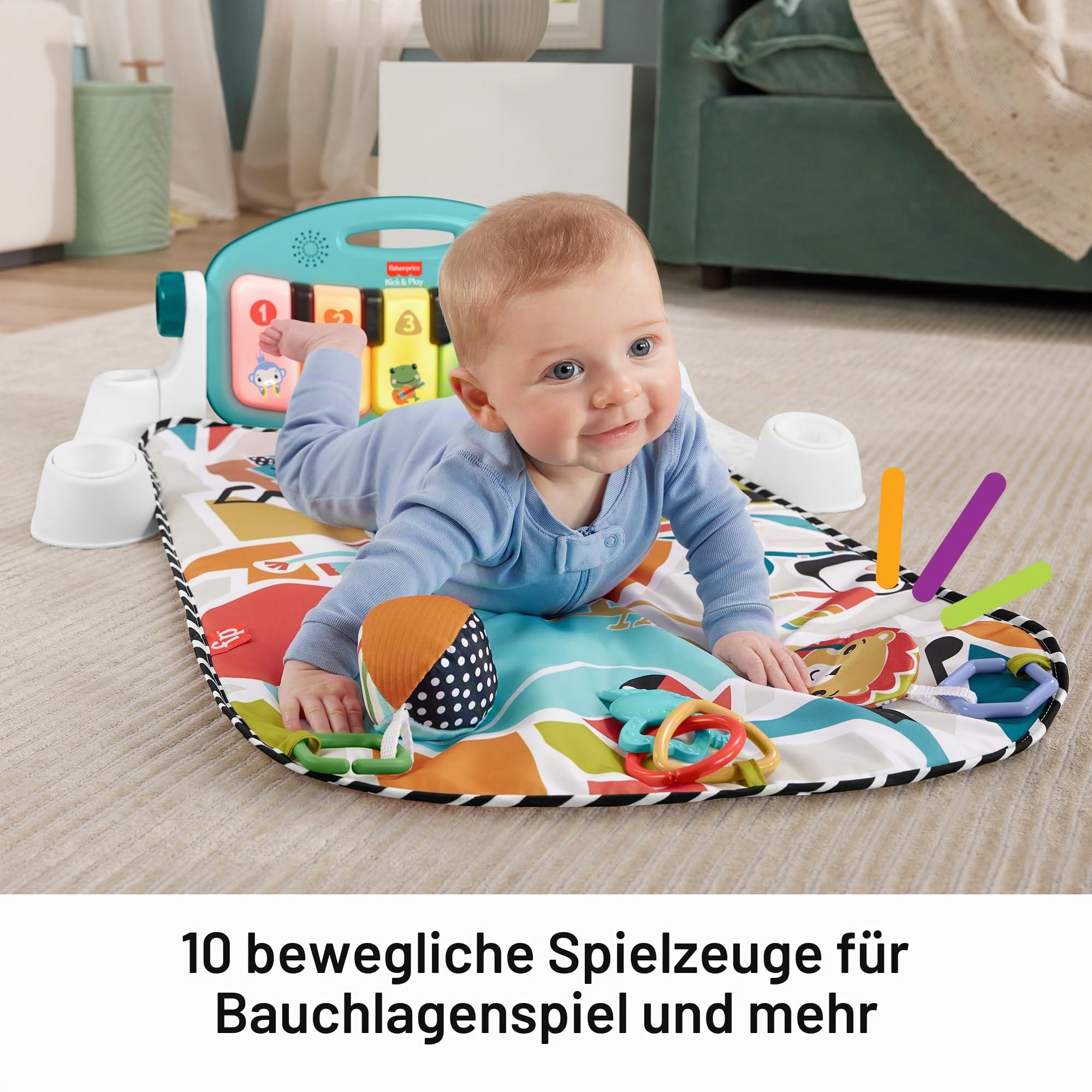 Fisher-Price Baby Activity Mat Glow and Grow Kick & Play Piano Gym, Portable Musical Toy with Smart Stages Learning, Ages 0+ Months, Blue, Queens English Version, HWY58