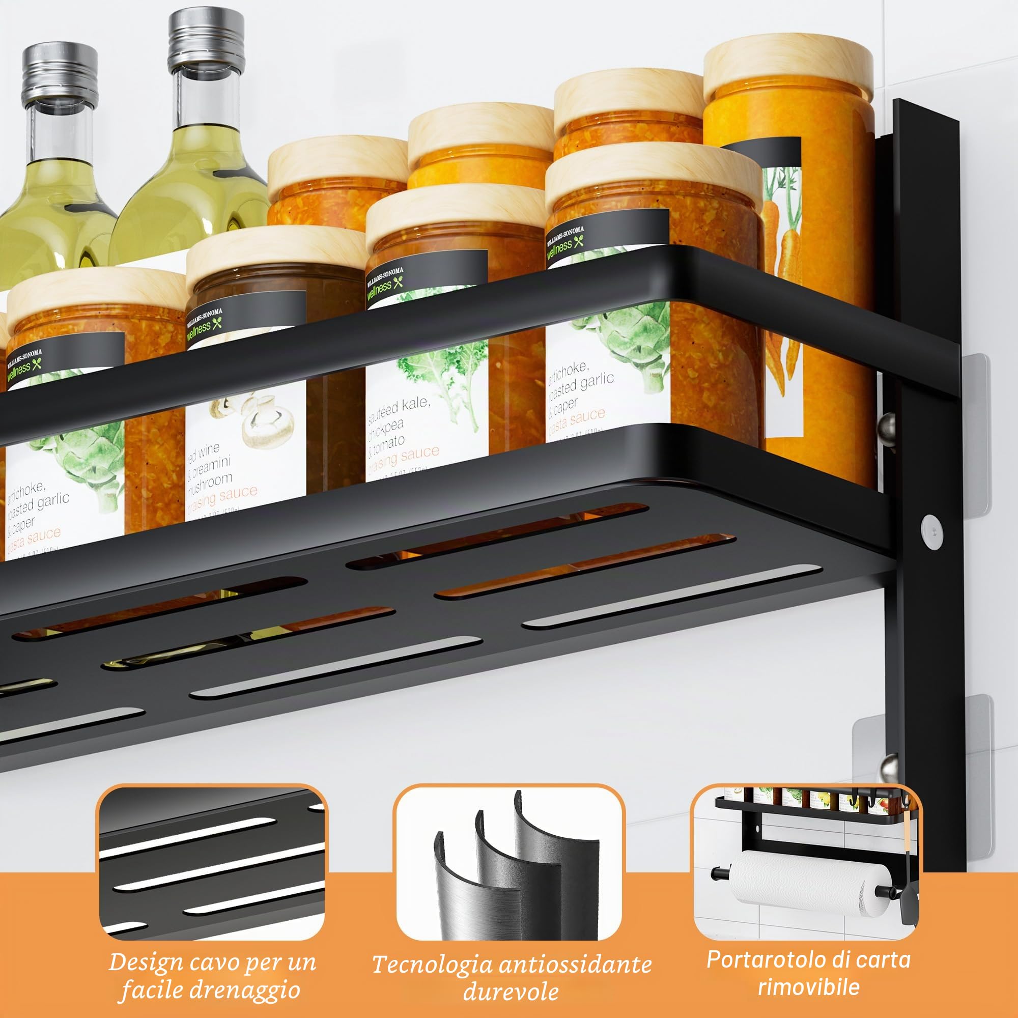 Porta Spezie per Cucina con Porta Rotolo da Cucina e 4 Ganci –Portaspezie da Parete Senza Forature per Organizzare e Risparmiare Spazio in Cucina