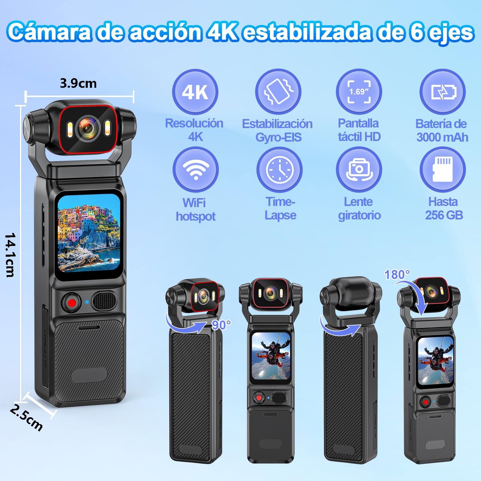 Pudet Luo Camara Deportiva 4K, Estabilización de 6 Ejes Videocamara 360, Pantalla de Vista Previa WiFi en Vivo Camara Video Estabilizador para Ciclismo, Vlogging, Viajes y Deportes al Aire Libre — view 2