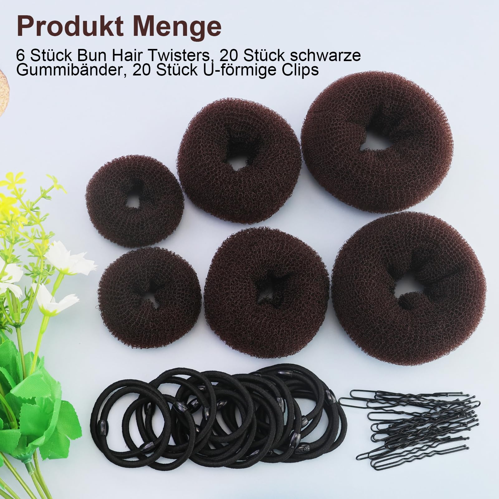 6 Pezzi Ciambella Per Chignon, ciambella chignon facile per capelli, elastico per ciambella chignon, marrone, con 20 elastici neri e 20 clip forma di U, per bambini, feste, vacanze