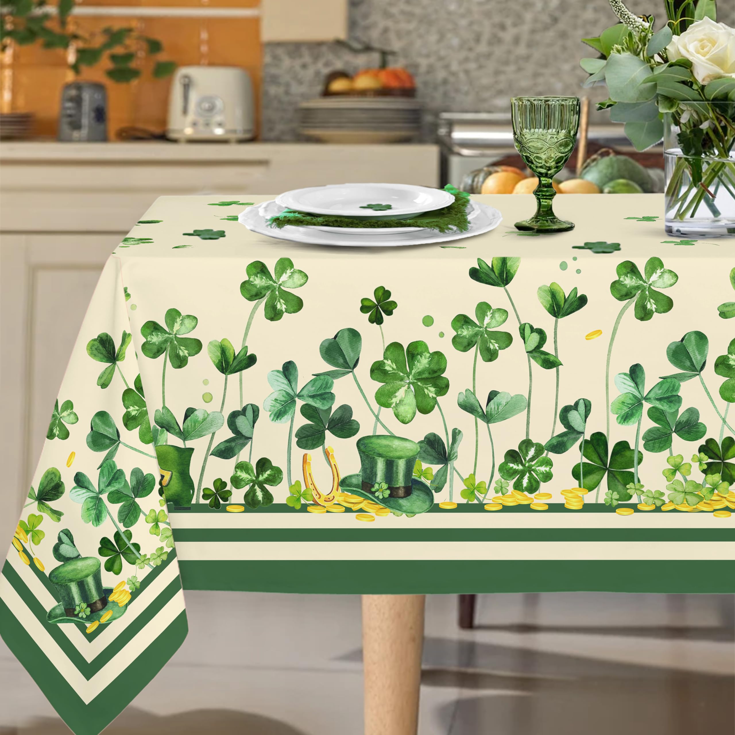 Yighty St Patricks Day Tablecloth, Green Rectangle Tablecloth 60x84Inch, Polyester Waterproof Table Cloth, Shamrock Gold Coins St. Patrick's Day Holiday Kitchen Table Decoration for Dinner, Party
