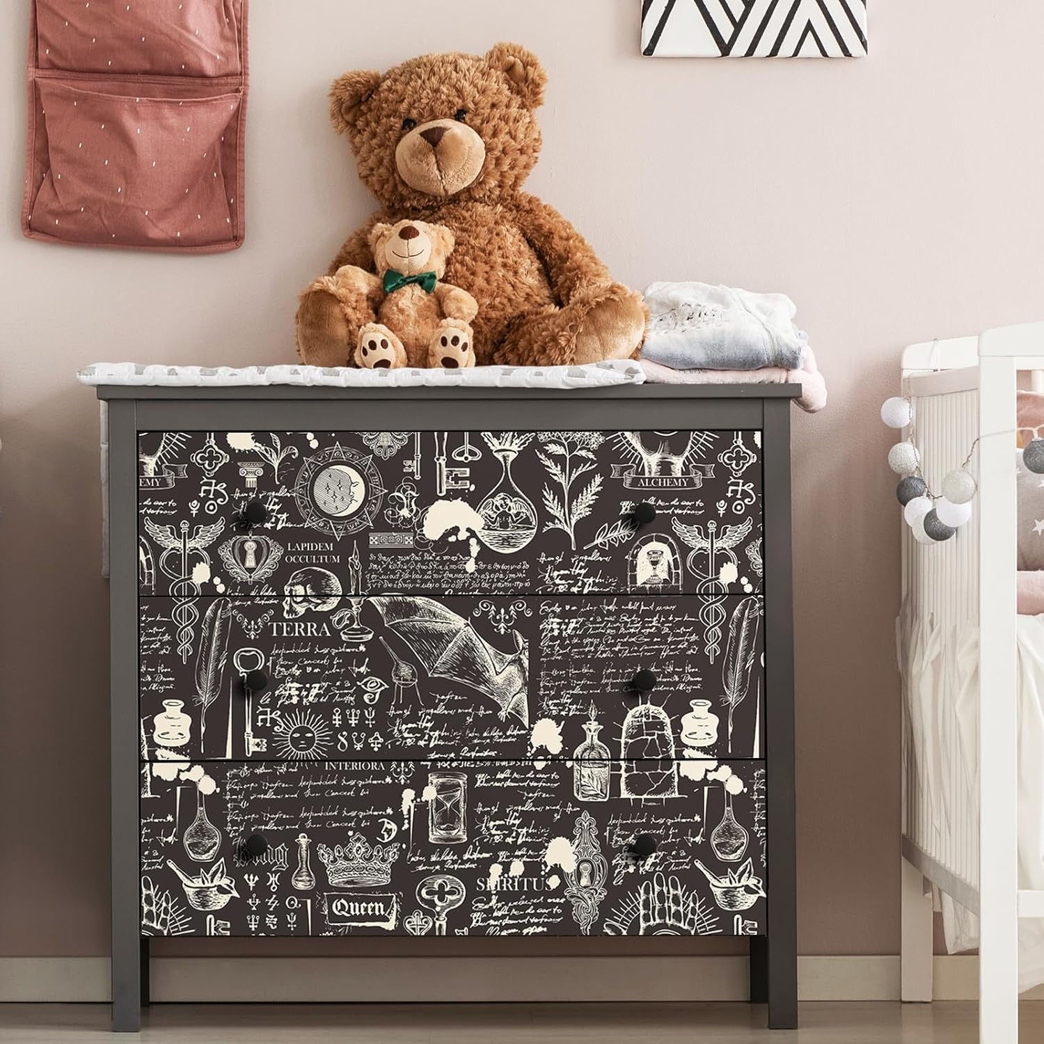 17.5"x475" Dark Brown Gothic Magic Witchy Wallpaper Peel and Stick Waterproof Alchemy Themed Wallpaper for Bathroom Accent Wall Paper Bat Candle Occult Symbols Latin Words Spirit Contact Paper