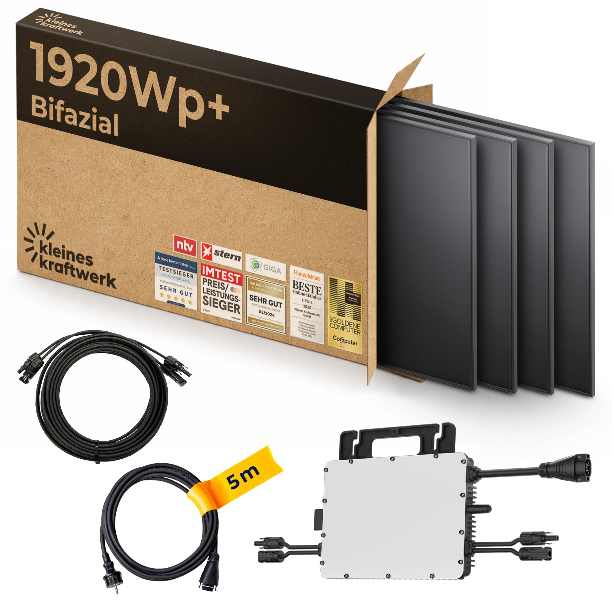 Kleines Kraftwerk 1920W Balkonkraftwerk Komplettset – 800W Wechselrichter mit WiFi & Bluetooth, 4×480W bifaziale Solarmodule, 5 m Kabel, Steckdose – Solaranlage Balkon ohne Halterung