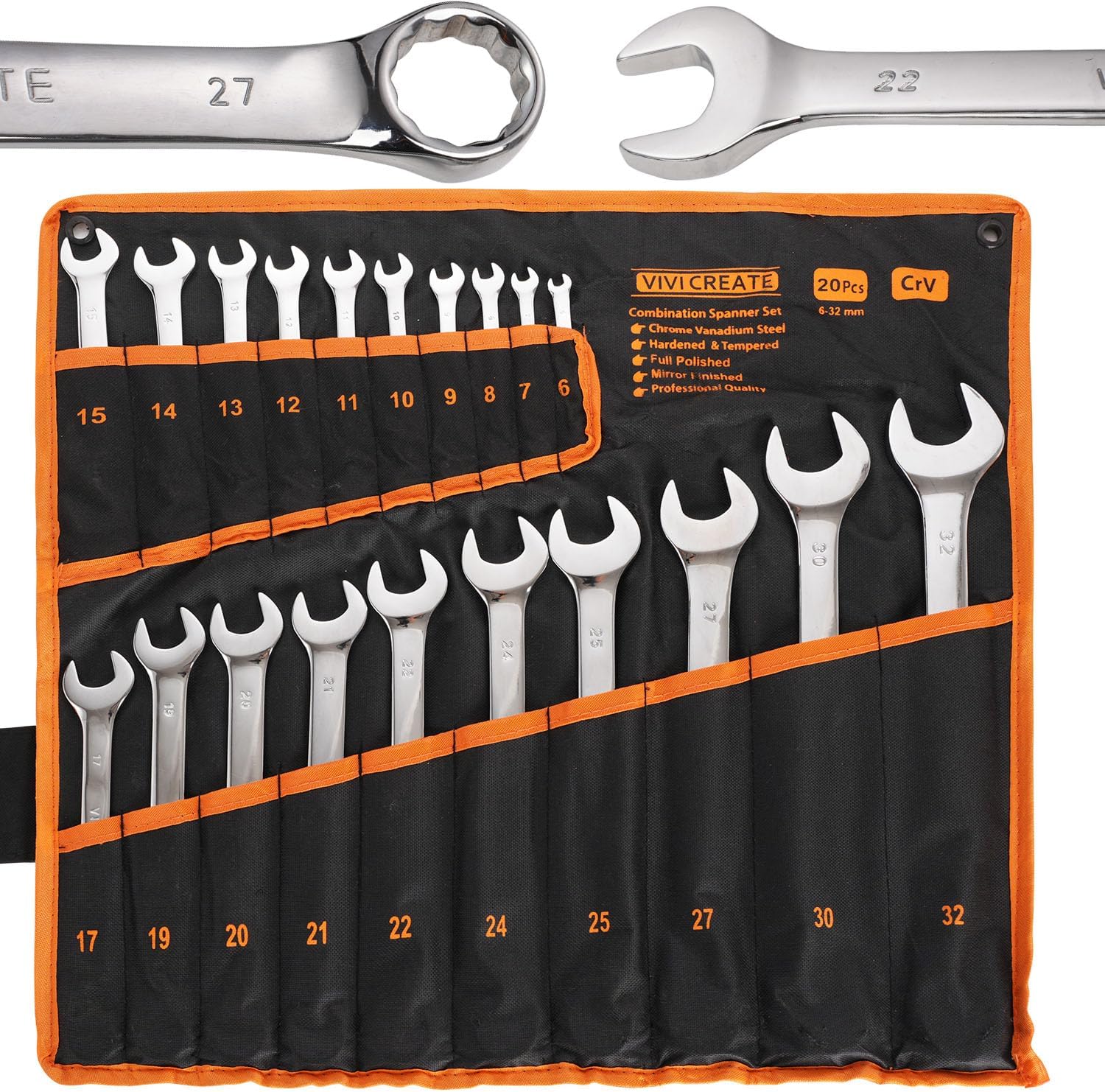 vivicreate 20-Piece Wrench Set, Metric Wrench Set 6mm-32mm, Combination Wrench Sets with Oxford Cloth Storage Bag for Home, Garage, Automotive Repair and Emergency Use - Made in India