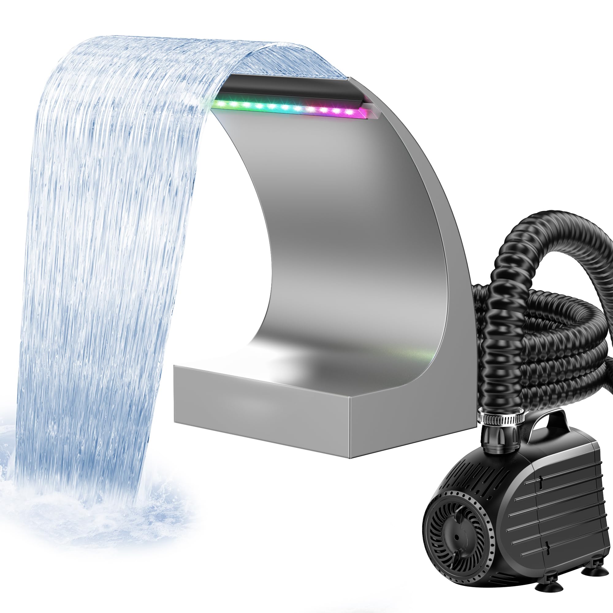 POPOSOAP 200C Teichwasserfall Überlauf-Set, 20 cm Edelstahl-Auslass, 4500 l/h Teichpumpe mit LED-Lichtern, All-in-One für Gartenteiche, Pools & kompakte Hinterhöfe