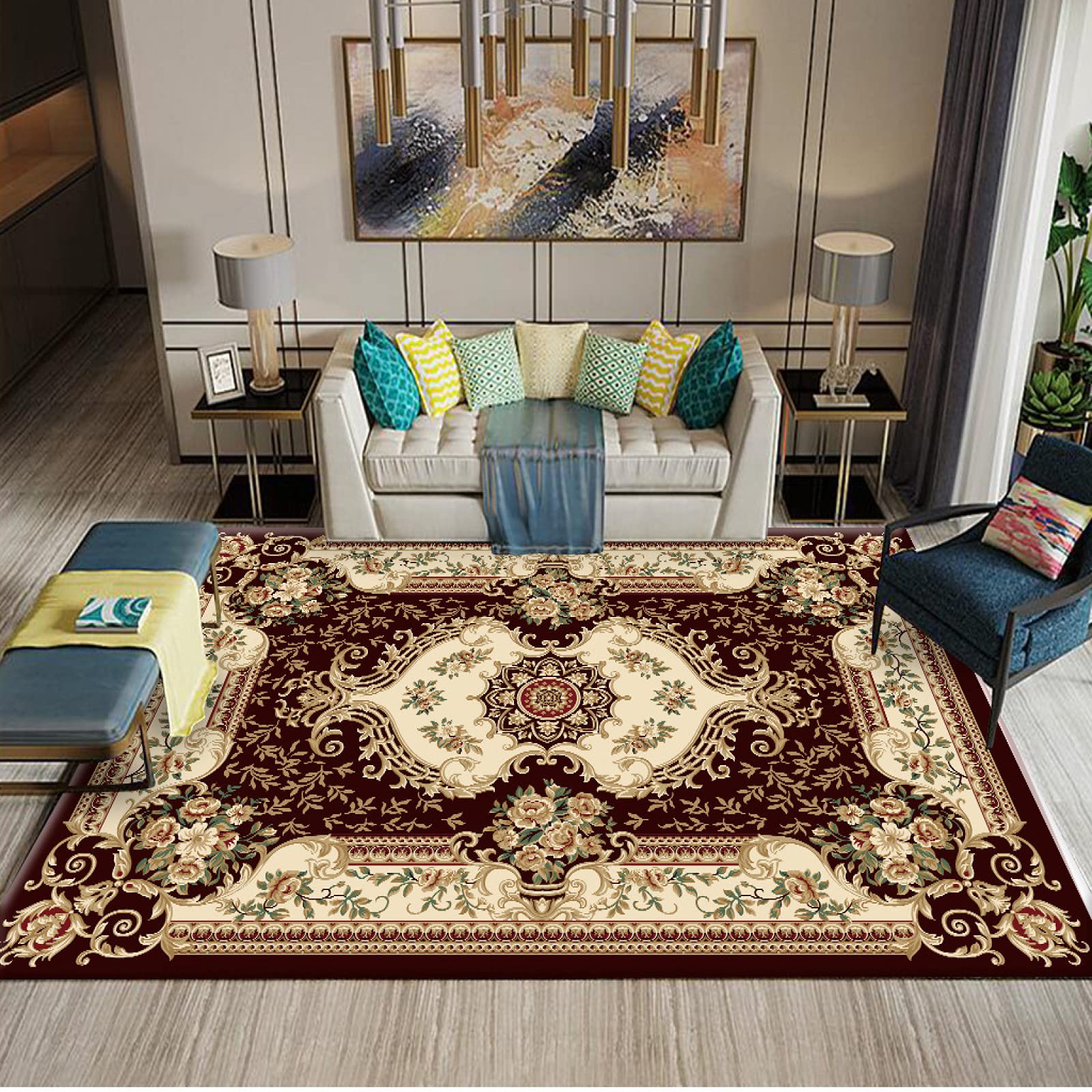 Tapis lavable et antidérapant NF style ethnique rétro 200x280cm pour grand salon