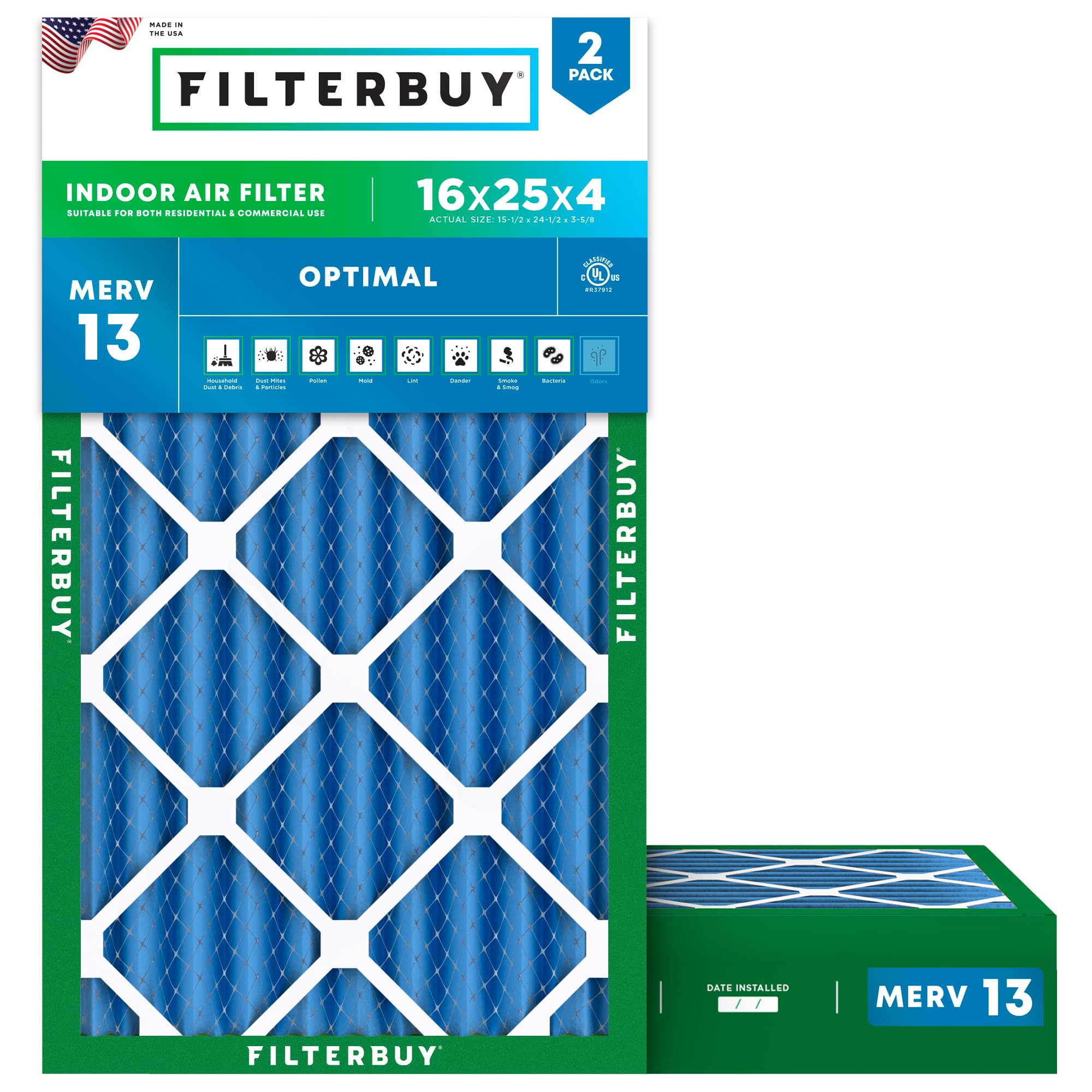 Filterbuy 16x25x4 Air Filter MERV 13 Optimal Smoke & Allergy Defense (2-Pack), Electrostatic Pleated HVAC AC Furnace Filters Replacement, Made in USA (Actual Size: 15.50 x 24.50 x 3.63)