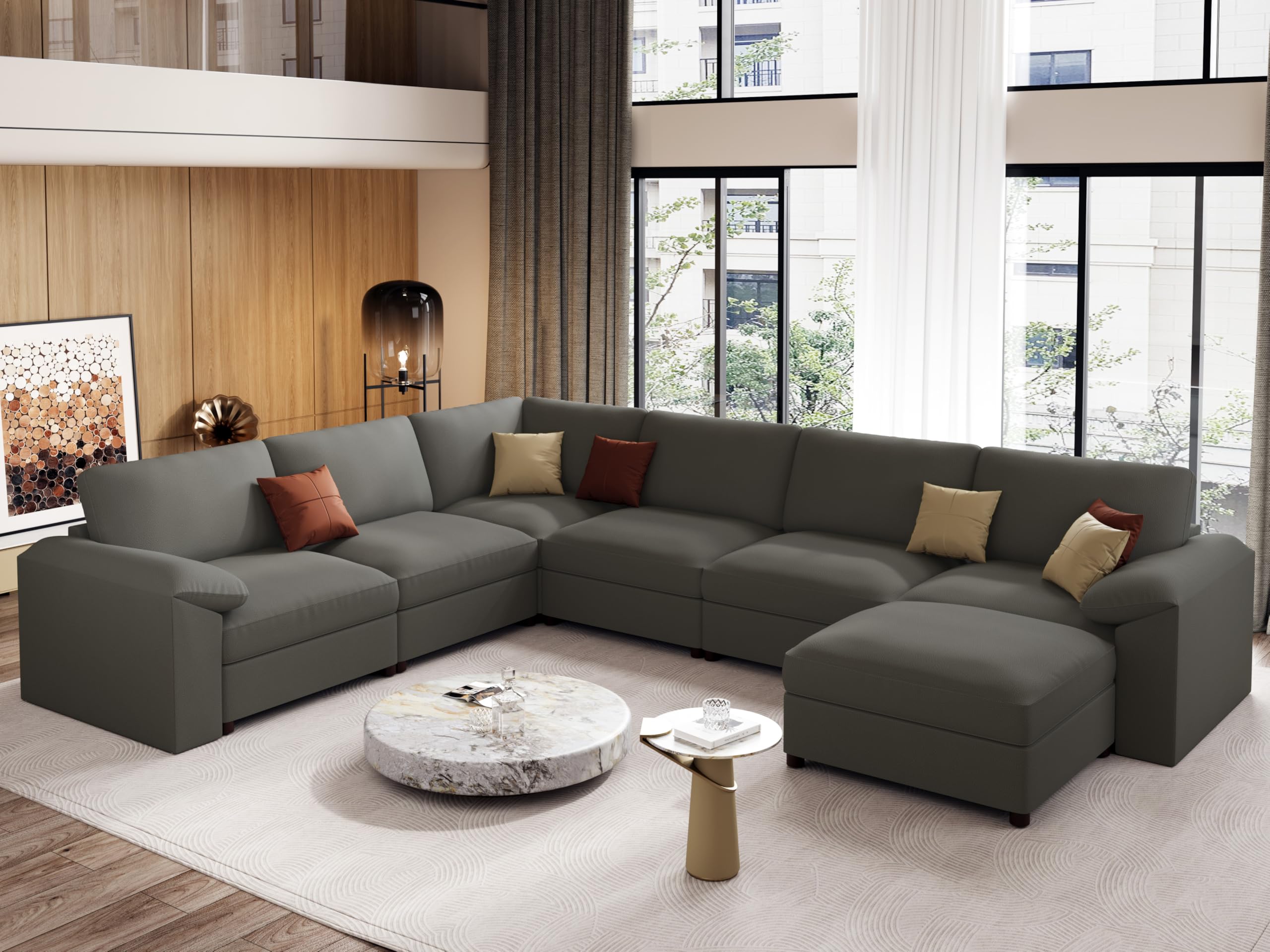 EASE MOOSE Large Faux Leather Sectional with Ottoman