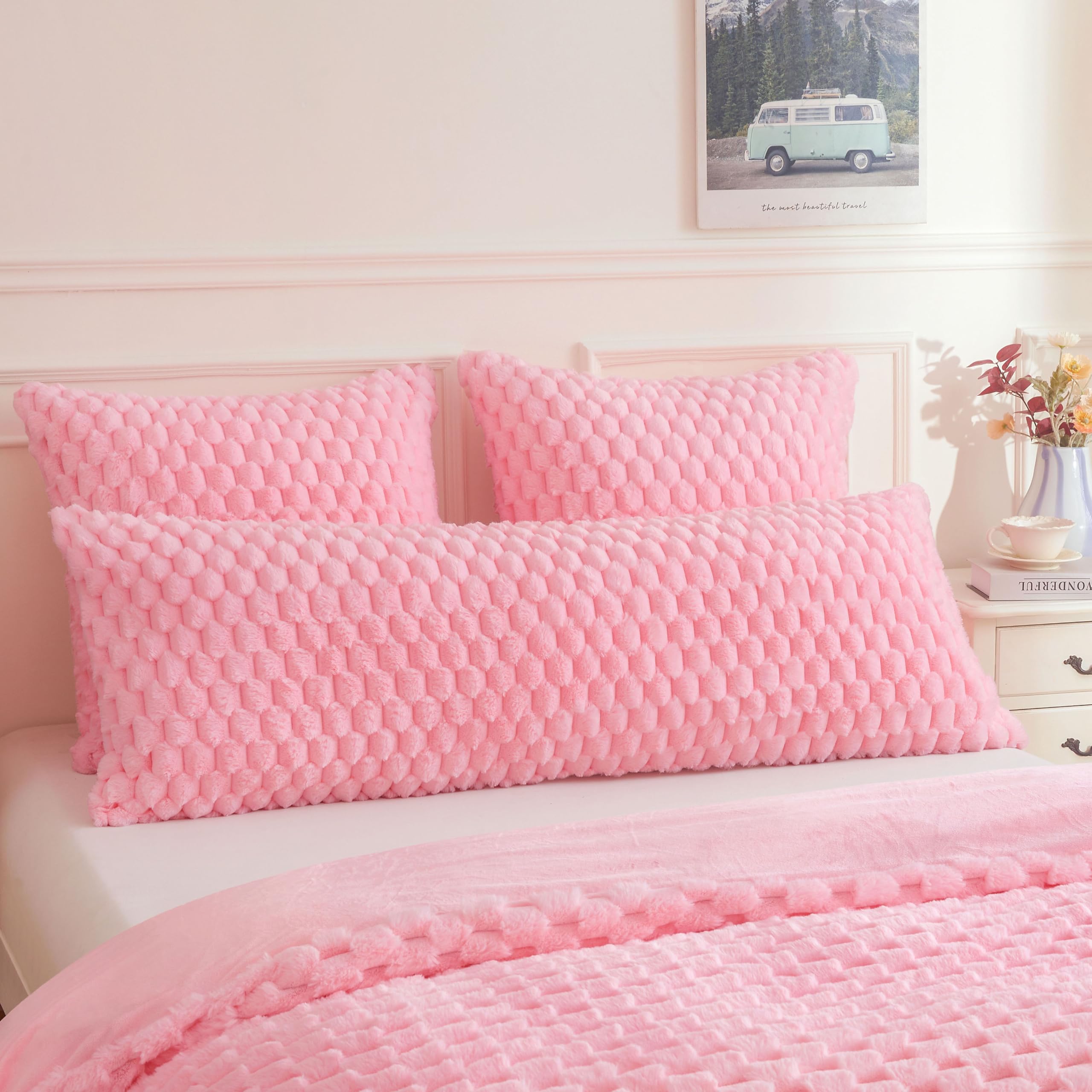 XeGe Luxury Bubble Fluffy Faux Rabbit Fur Bolster Pillow Cover 4.6ft, Pink