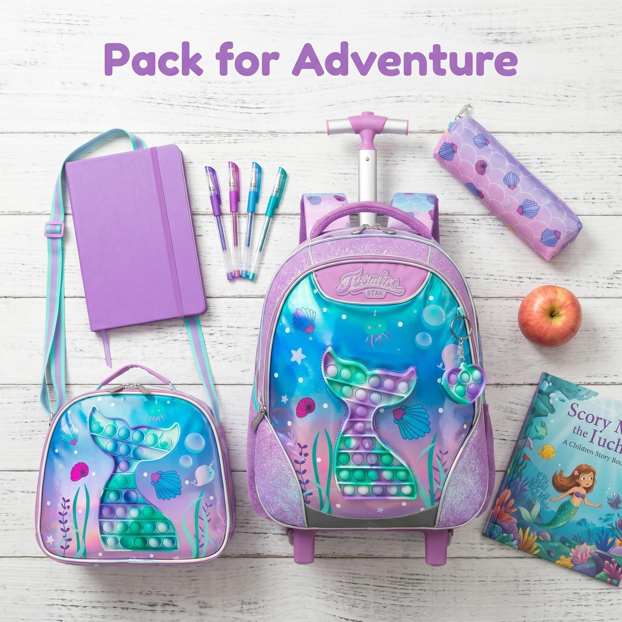 Sac a Dos Roulette Fille Enfant Cartable Cabine Primaire Valise École Maternelle Sacs à D'école pour Voyage de Bagages Ensemble Adolescents Grand Étudian Poches Toy Sirène Rose