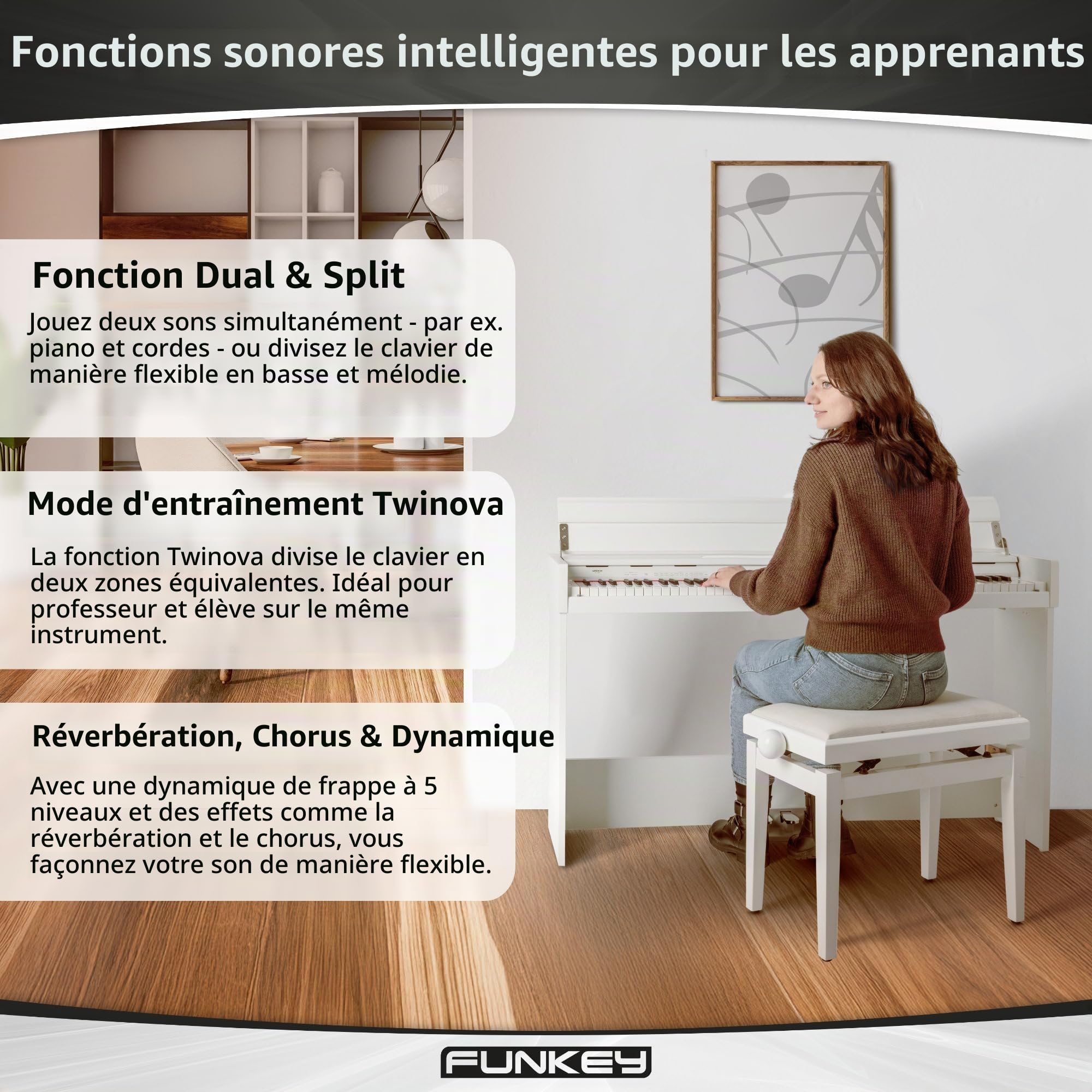 FunKey DP-1088 WM Piano numérique élégant - 88 touches de clavier sensibles à la vélocité et 3 pédales - 20 sons - Haut-parleurs stéréo intégrés et 2 prises pour casque - Blanc mat