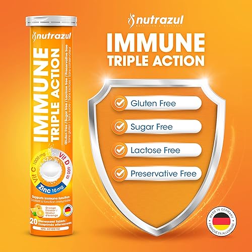 Miniatura 4 de Nutrazul Comprimidos efervescentes inmunes de triple acción con vitamina C 1000 mg, vitamina D, zinc, apoyo a la rutina diaria, vegano, sin gluten,