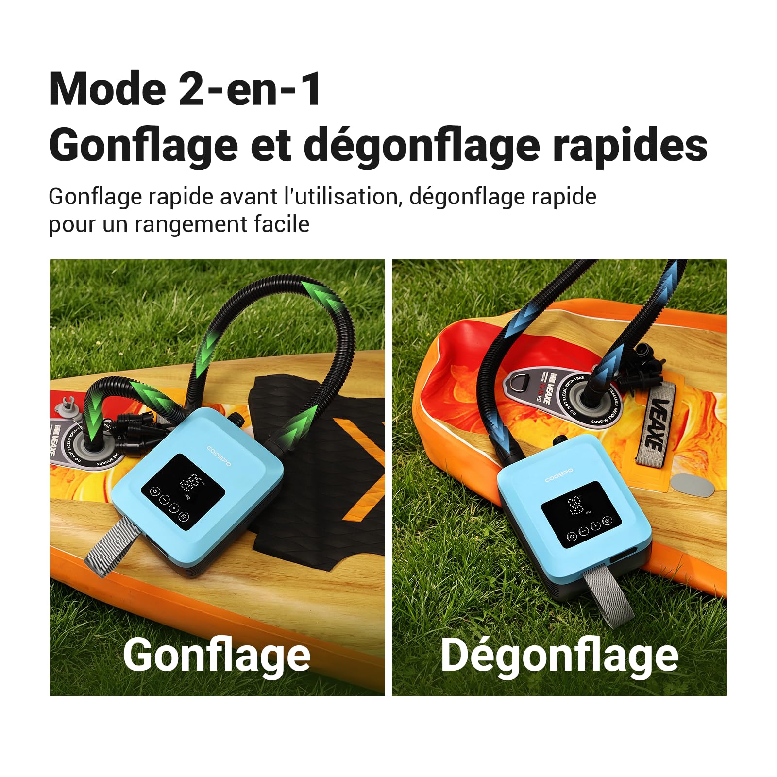 CooSpo Pompe à air électrique pour Sup gonfleur électrique Haute Pression 20 PSI alimenté par Une Batterie Rechargeable de 59,2/44,4 Wh adaptée aux Kayaks et aux Planches de Paddleboard