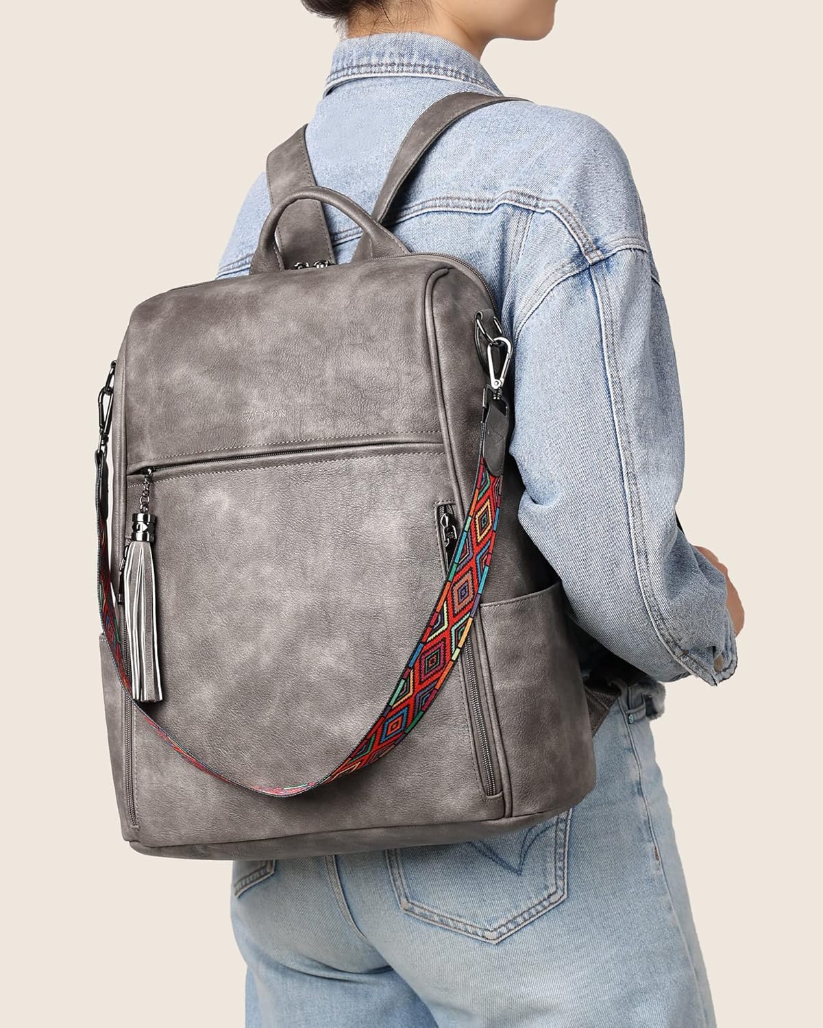 FADEON Leather Laptop Backpack for Women Designer 15.6 inch PU Laptop Bag, Ladies Travel Computer Work Backpack Grey - Image 2