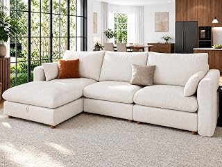 WorthFurni Oversized Modular Sectional Sofa,111" L Shape Sectional Cloud Couch with Storage Ottoman,Comfty 4 Seat Modular Sofa for Living Room,Beige Chenille