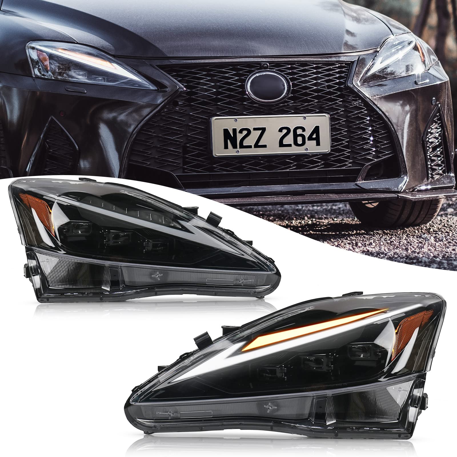 FIONE: For Lexus Is250 Headlights Assembly 2006-2012 IS250/IS250C IS350/IS350C IS220d, 2008-2014 ISF Projector with Amber LED DRL Start Up Animation Right Passenger & Left Driver Side
