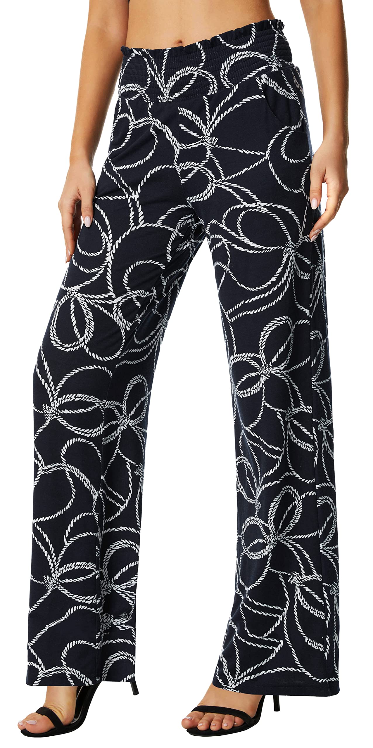 EXCHIC Pantalon décontracté à jambes larges pour femme - Imprimé floral - Pantalon de détente - Pantalon bohème extensible