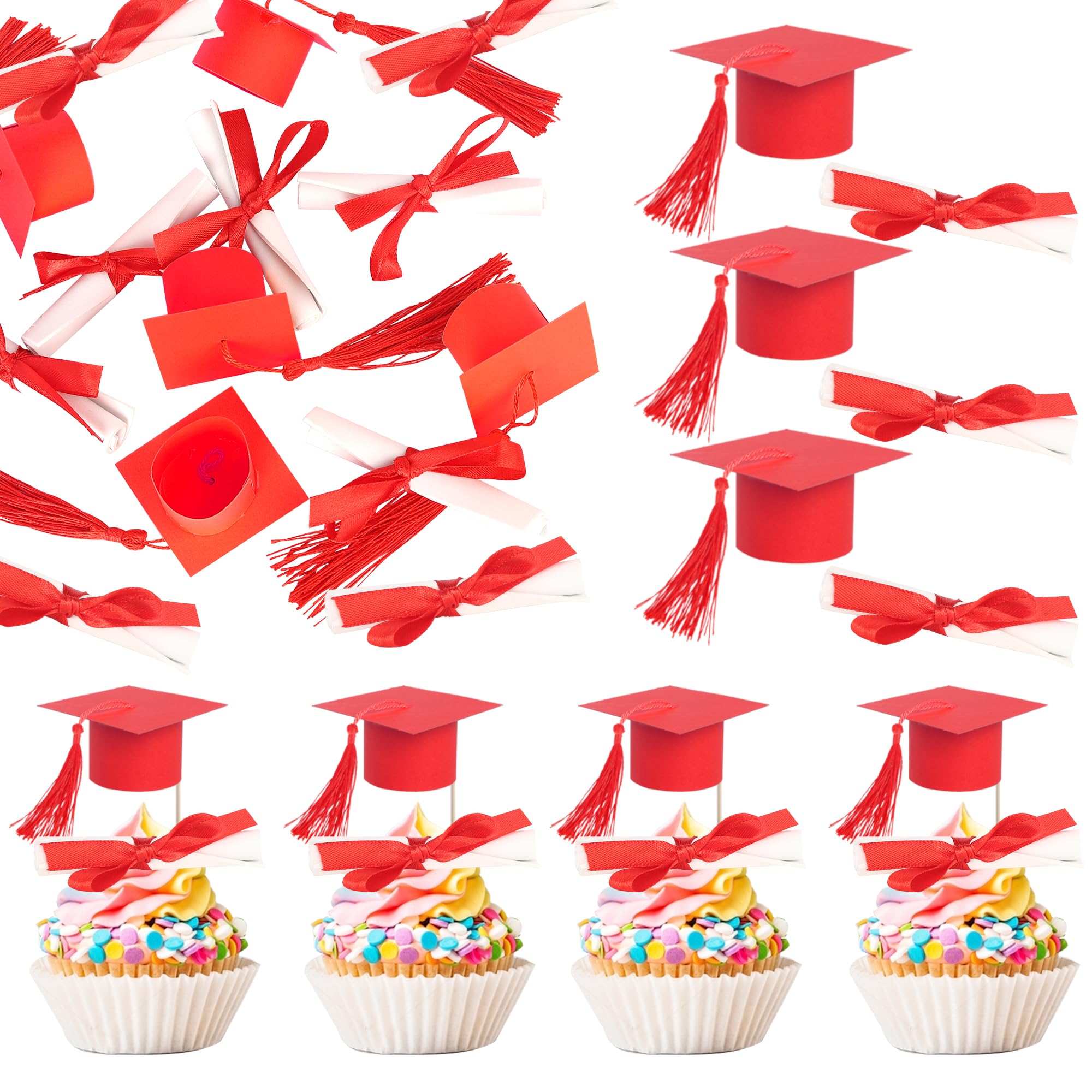 Xsstarmi 24 Pack Congrats Grad Cupcake Toppers Diploma Done Grad Cap Cupcake Picks Class of 2026 Graduation Cupcake Decorations for Prom 2026 Graduation Theme Party Cake Decorations Red