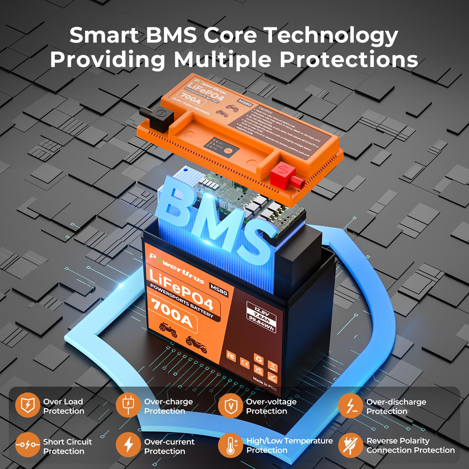 Batteria al Litio Per Moto, PowerUrus Batteria al Litio LiFePO4 da 12 V con BMS, Batterie di Avviamento per Moto LiFePO4 da 12,8 V, 7,8 Ah, 700 CCA, per ATV e UTV
