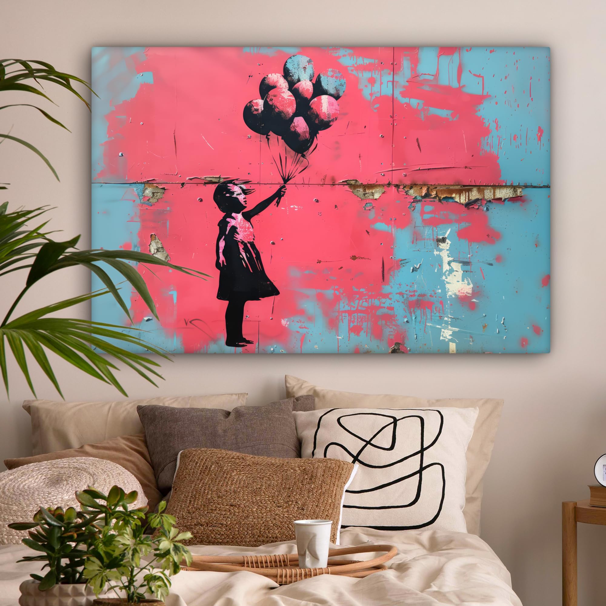 MuchoWow© Canvas Schilderij 120x80 cm Kamer Decoratie Woonkamer Slaapkamer Room Decor Wanddecoratie Wall Art Painting Robot - Graffiti - Oranje - Kleuren