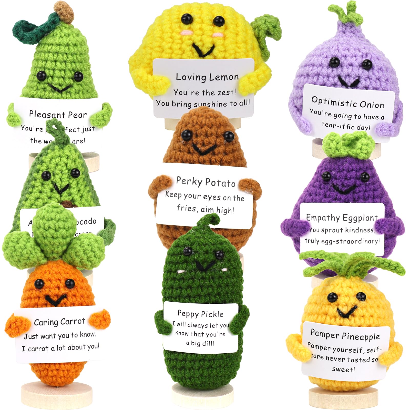 9 Pcs Positive Crochet Dolls with Support Card, Mini Funny Crochet Gift with Wooden Base for Women, Handmade Cute Knitted Dolls Bulk for Christmas Birthday Gift Room Decoration Encouragement Support