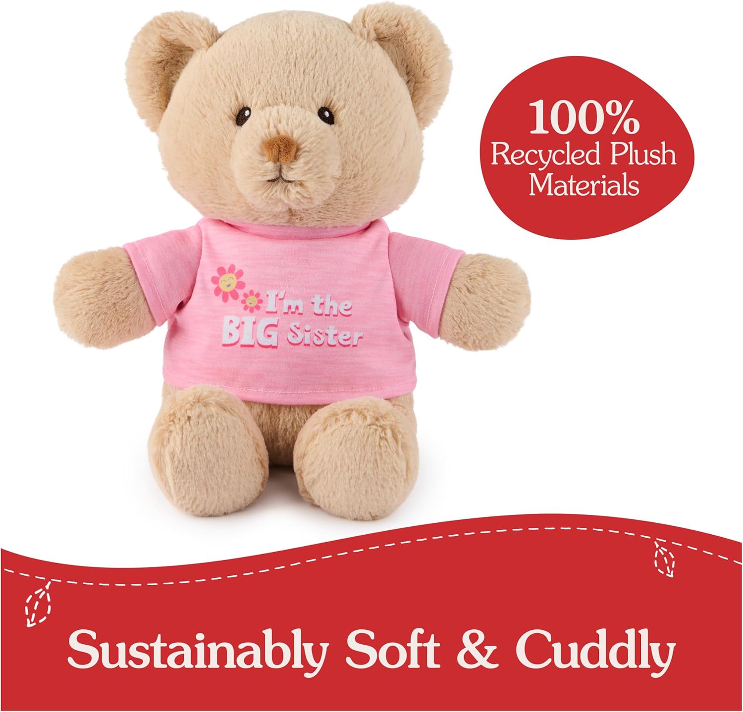 GUND “I'm The Big Sister” Sustainable Message Bear with Pink T-Shirt, Teddy Bear Made from 100% Recycled Materials for Ages 1 and Up, Tan, 12”