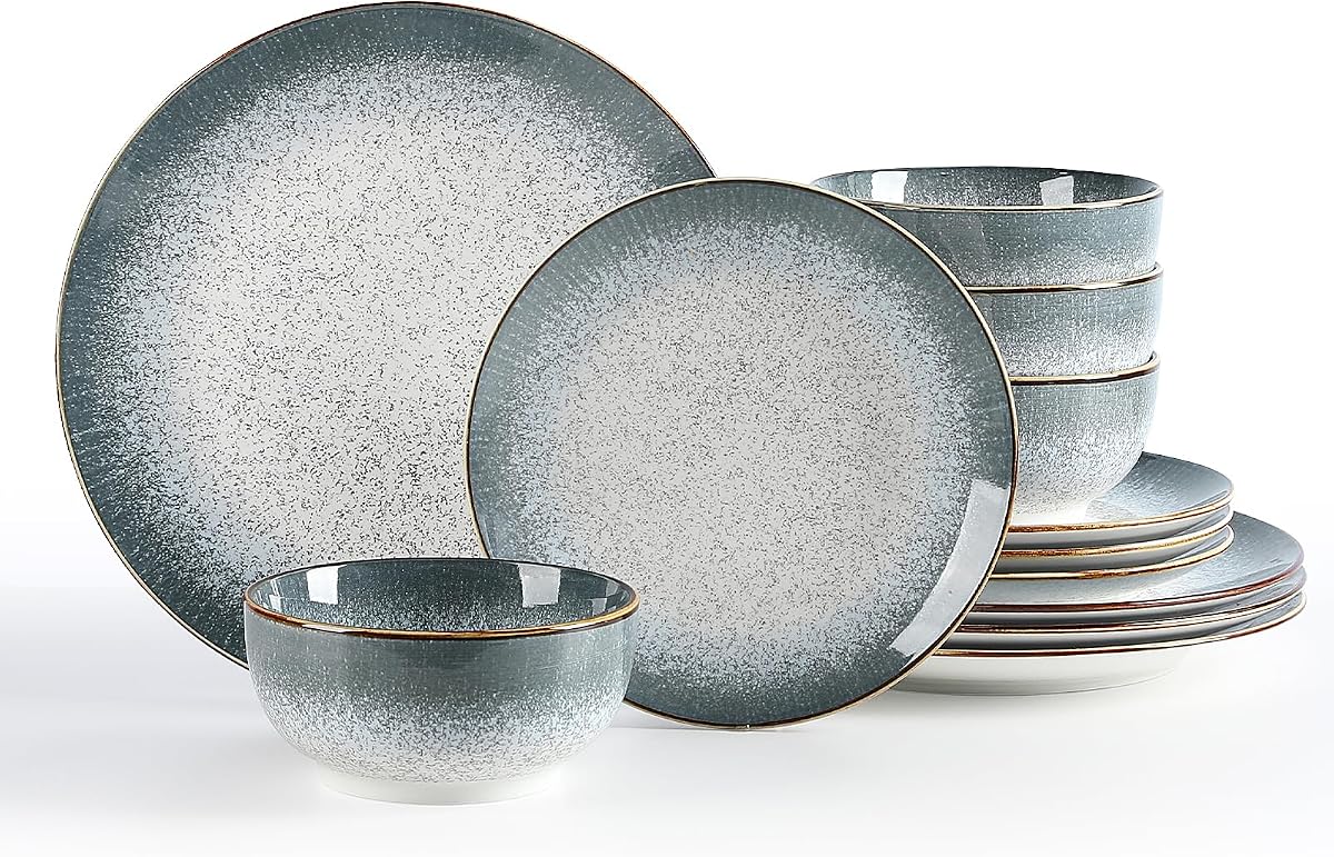Sweejar Dinnerware Sets Service for 4, 12 pcs Porcelain Plates and Bowls for Kitchen, Housewaring Gift, Chip and Scratch Resistant Dish Set, Handmade Dishwasher and Microwave Safe Plate Set, LightGray