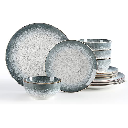 Sweejar Dinnerware Sets Service for 4, 12 pcs Porcelain Plates and Bowls for Kitchen, Housewaring Gift, Chip and Scratch Resistant Dish Set, Handmade Dishwasher and Microwave Safe Plate Set, LightGray
